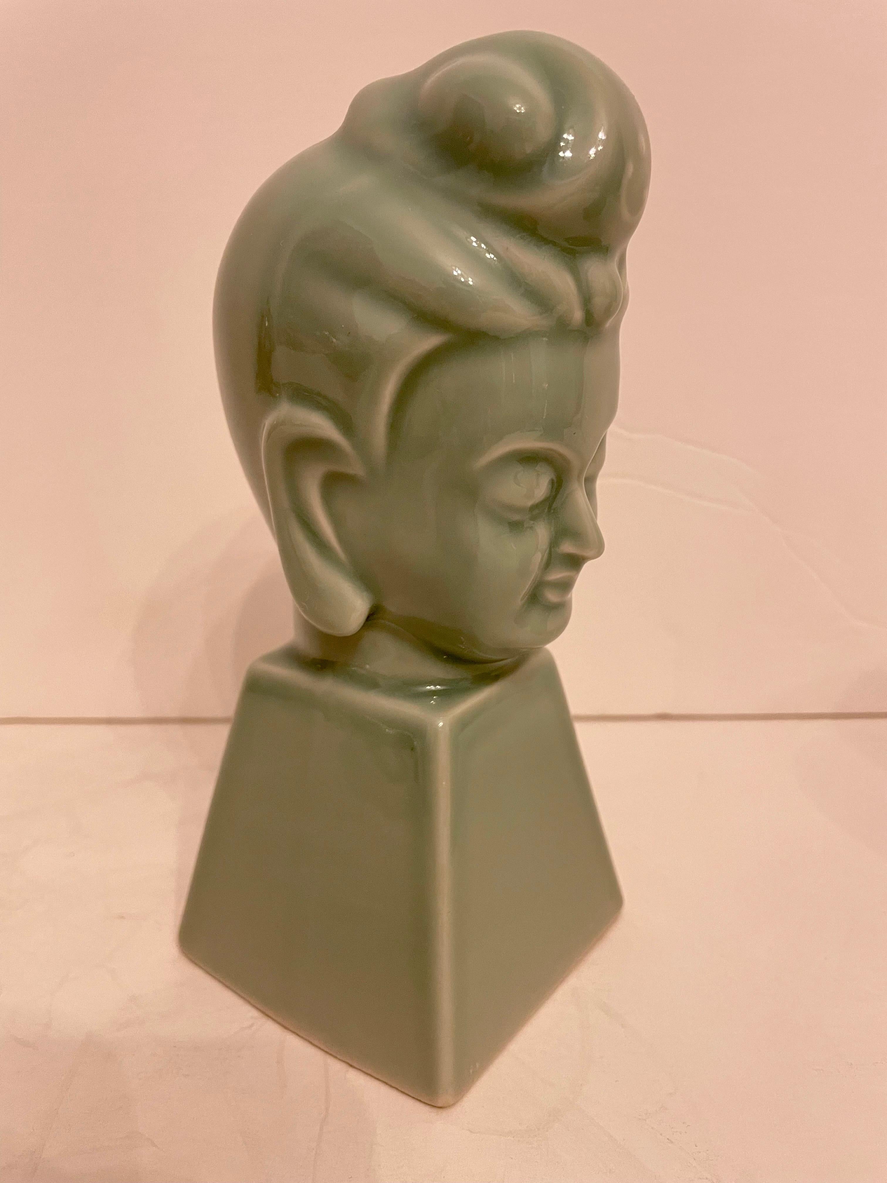 Glazed Pair Buddha Sculptures Or Bookends For Sale