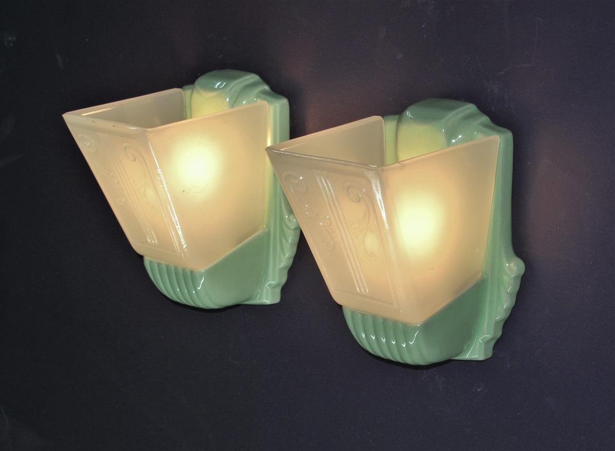 Pair Bungalow Green Porcelain Sconces with Slip Shades 3