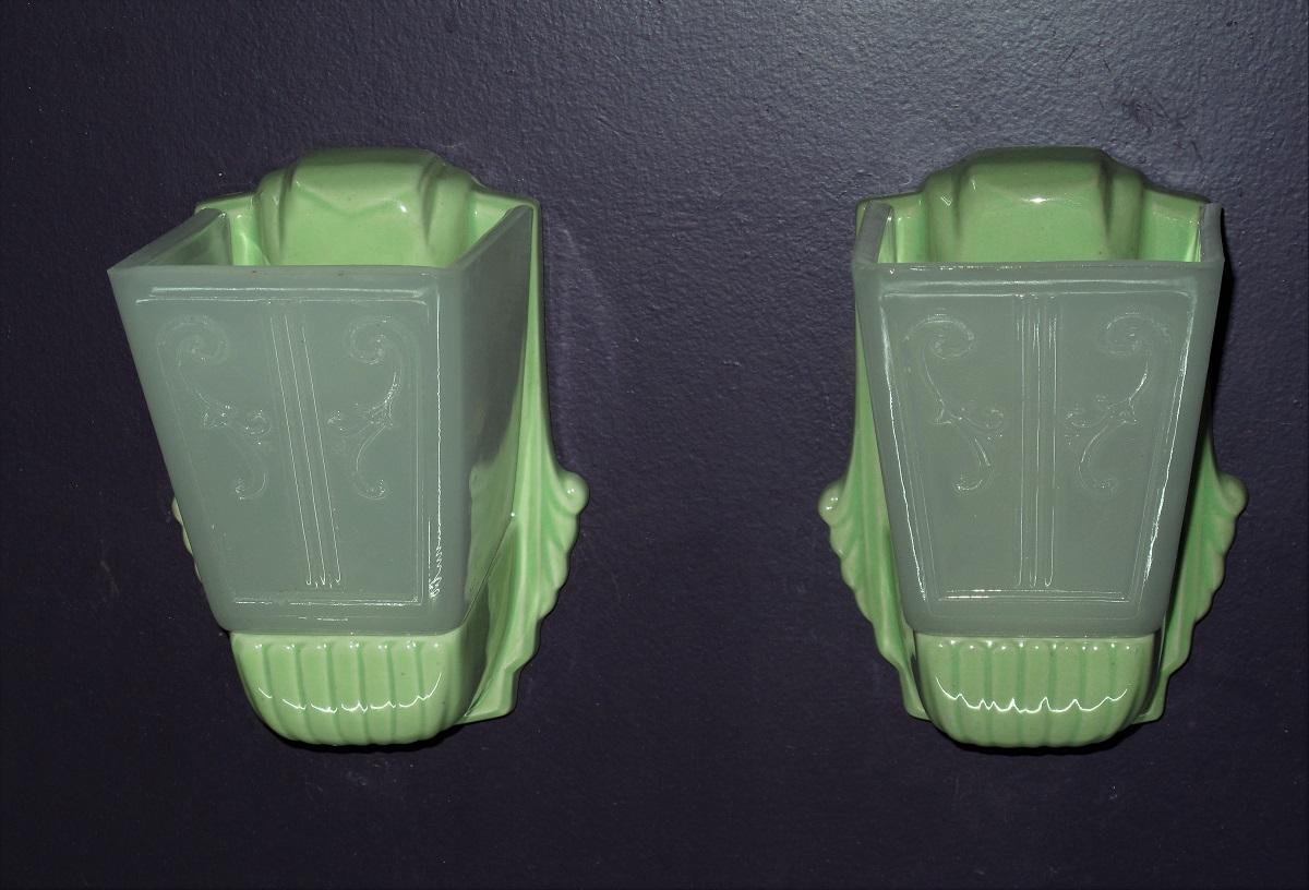 Art Deco Pair Bungalow Green Porcelain Sconces with Slip Shades
