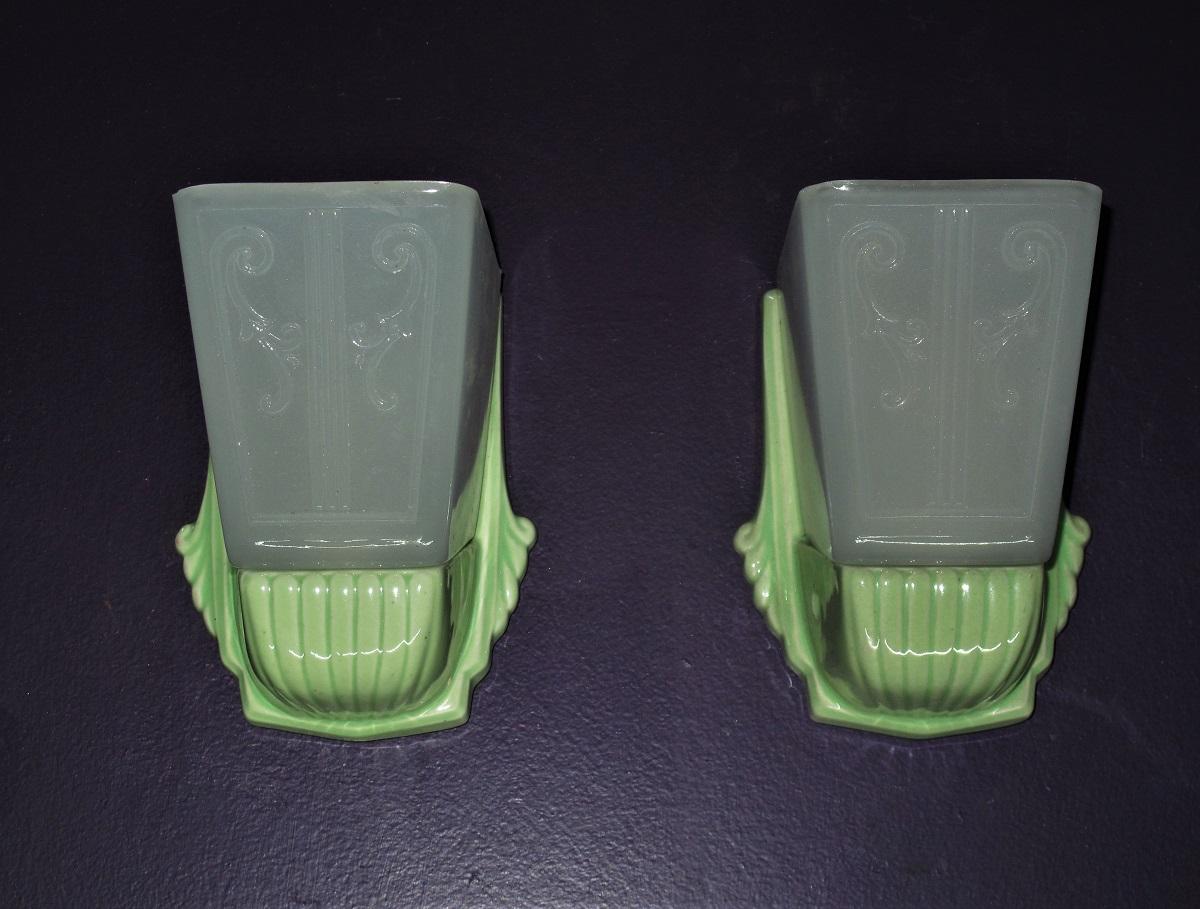 American Pair Bungalow Green Porcelain Sconces with Slip Shades