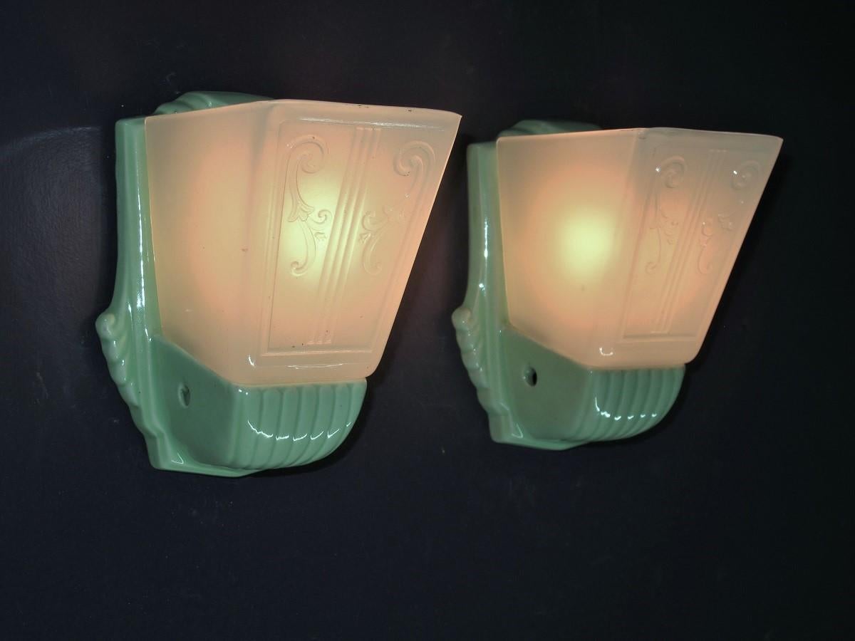 Glazed Pair Bungalow Green Porcelain Sconces with Slip Shades
