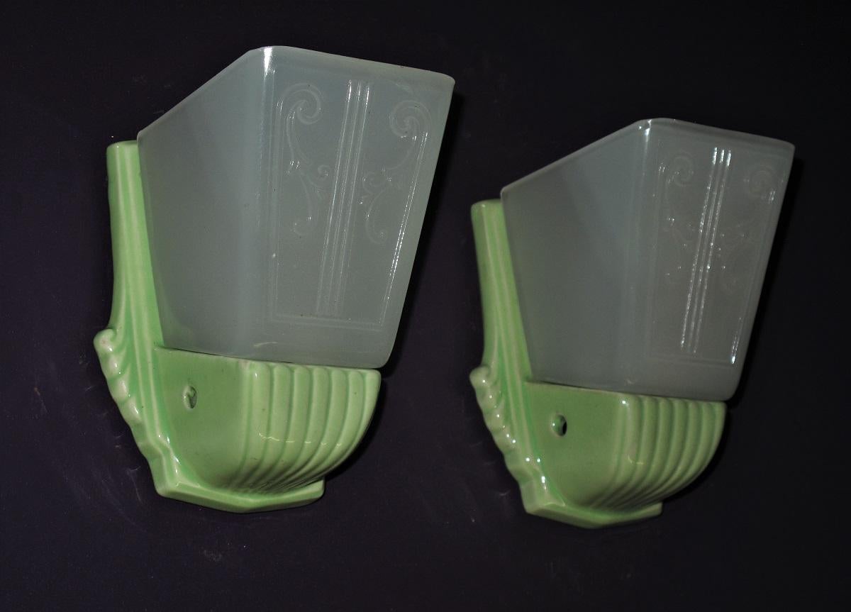 Pair Bungalow Green Porcelain Sconces with Slip Shades In Good Condition In Prescott, US