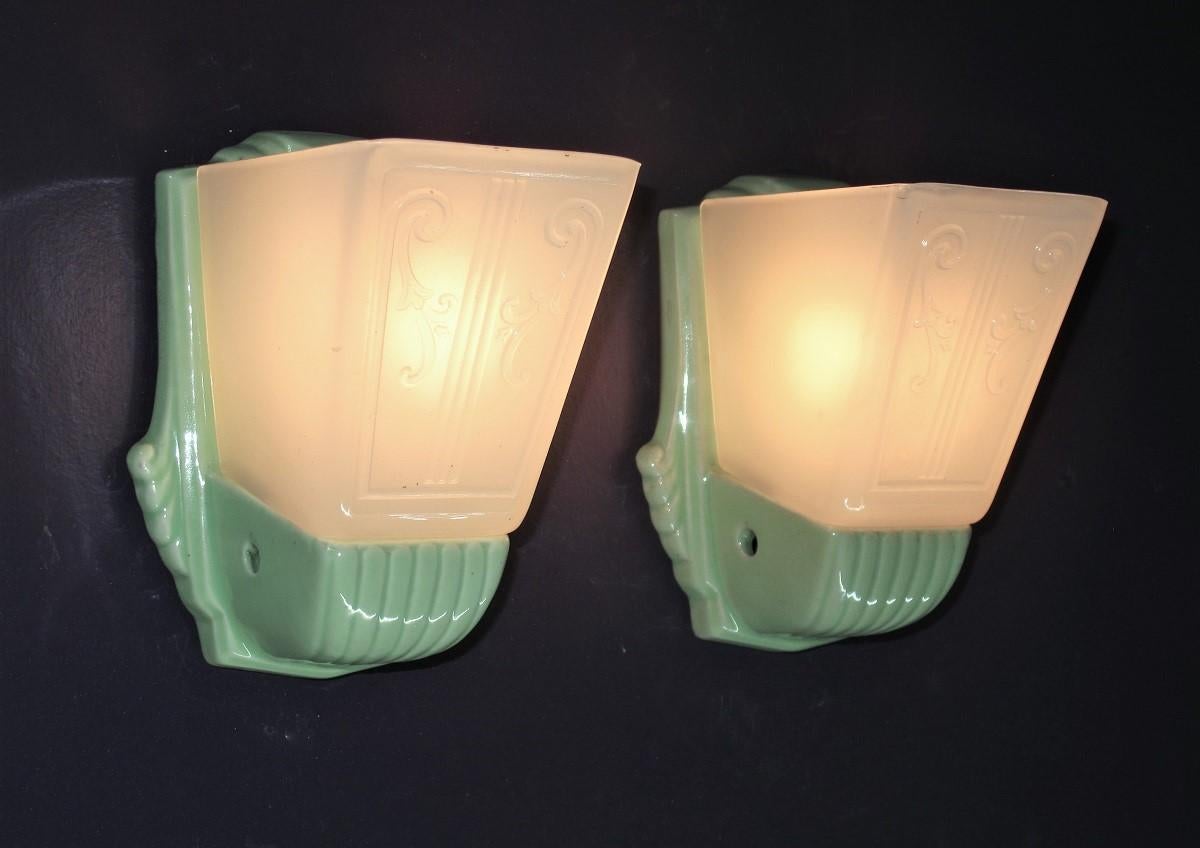 20th Century Pair Bungalow Green Porcelain Sconces with Slip Shades
