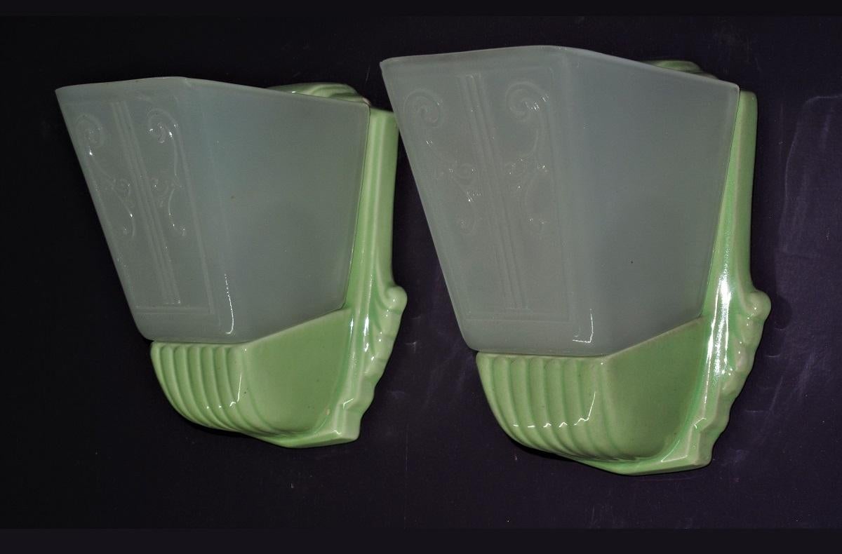 Pair Bungalow Green Porcelain Sconces with Slip Shades 1