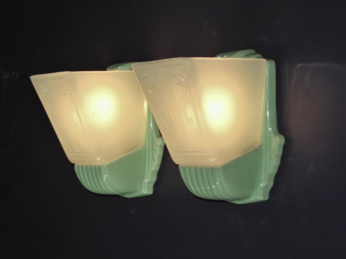 Pair Bungalow Green Porcelain Sconces with Slip Shades 2