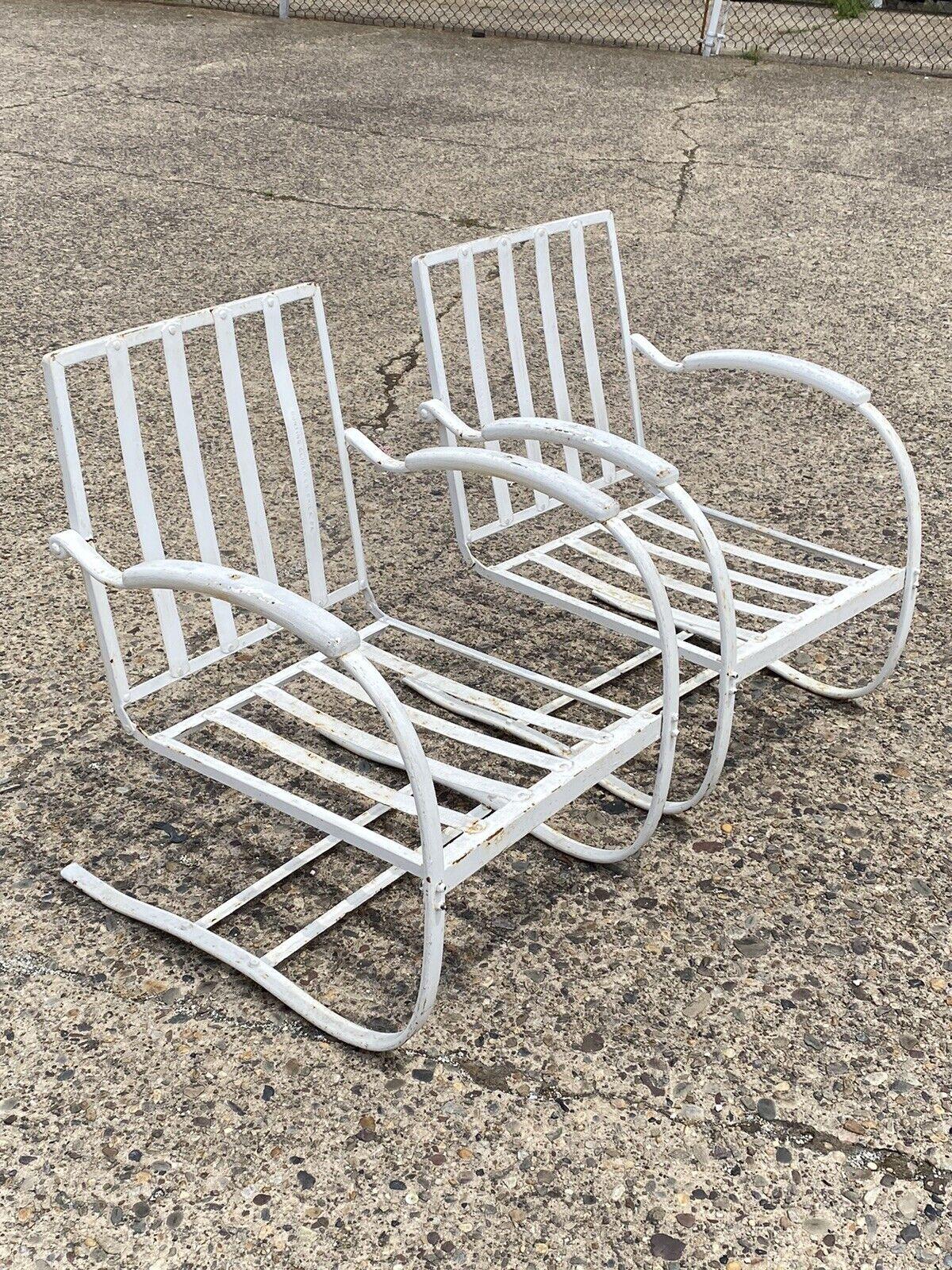 Pair Bunting Glider Co Art Deco White Iron Outdoor Patio Springer Lounge Chair 1