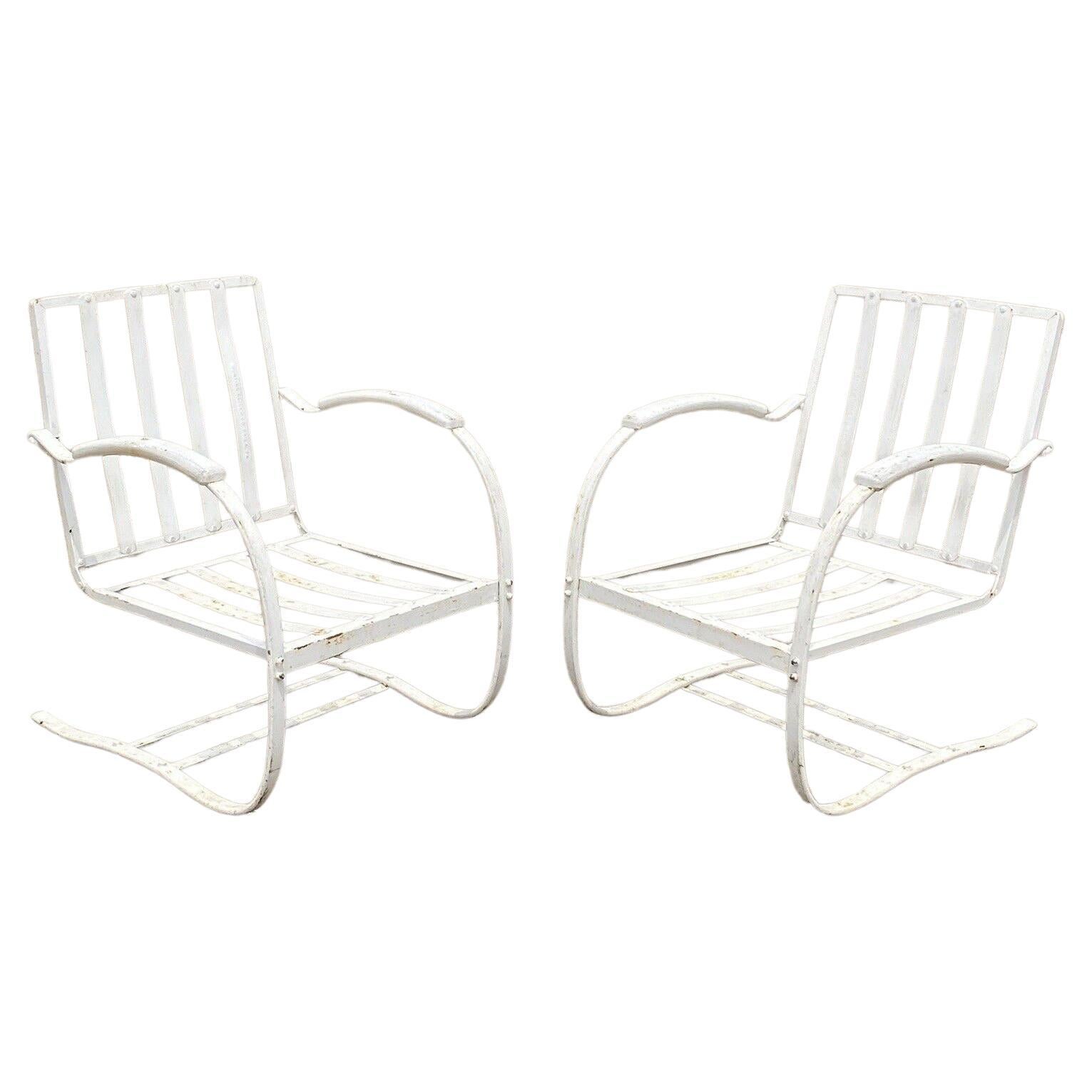 Pair Bunting Glider Co Art Deco White Iron Outdoor Patio Springer Lounge Chair