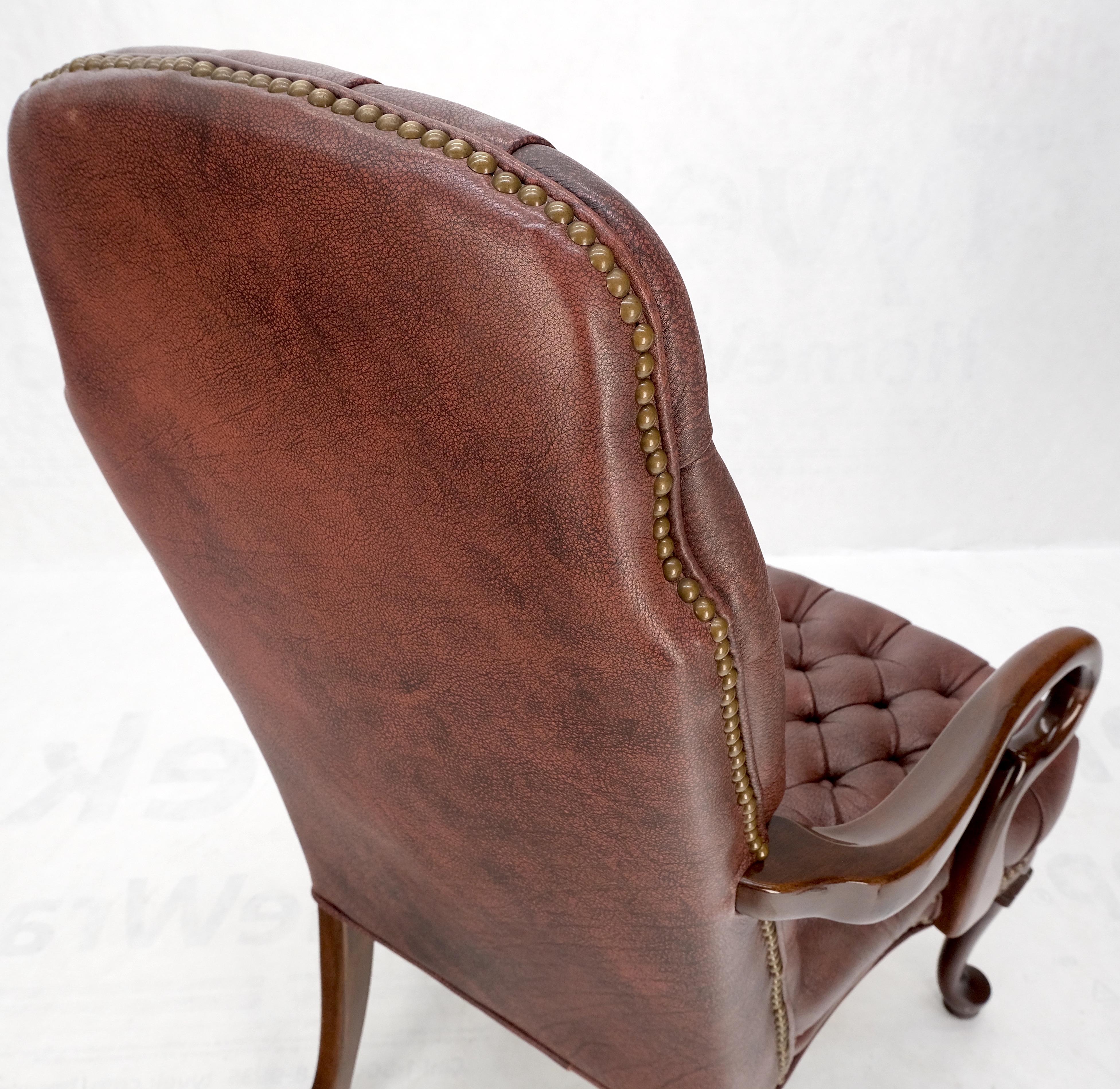 Pair Burgundy Leather Queen Anne Tufted Upholstery Walnut Armchairs MINT For Sale 3
