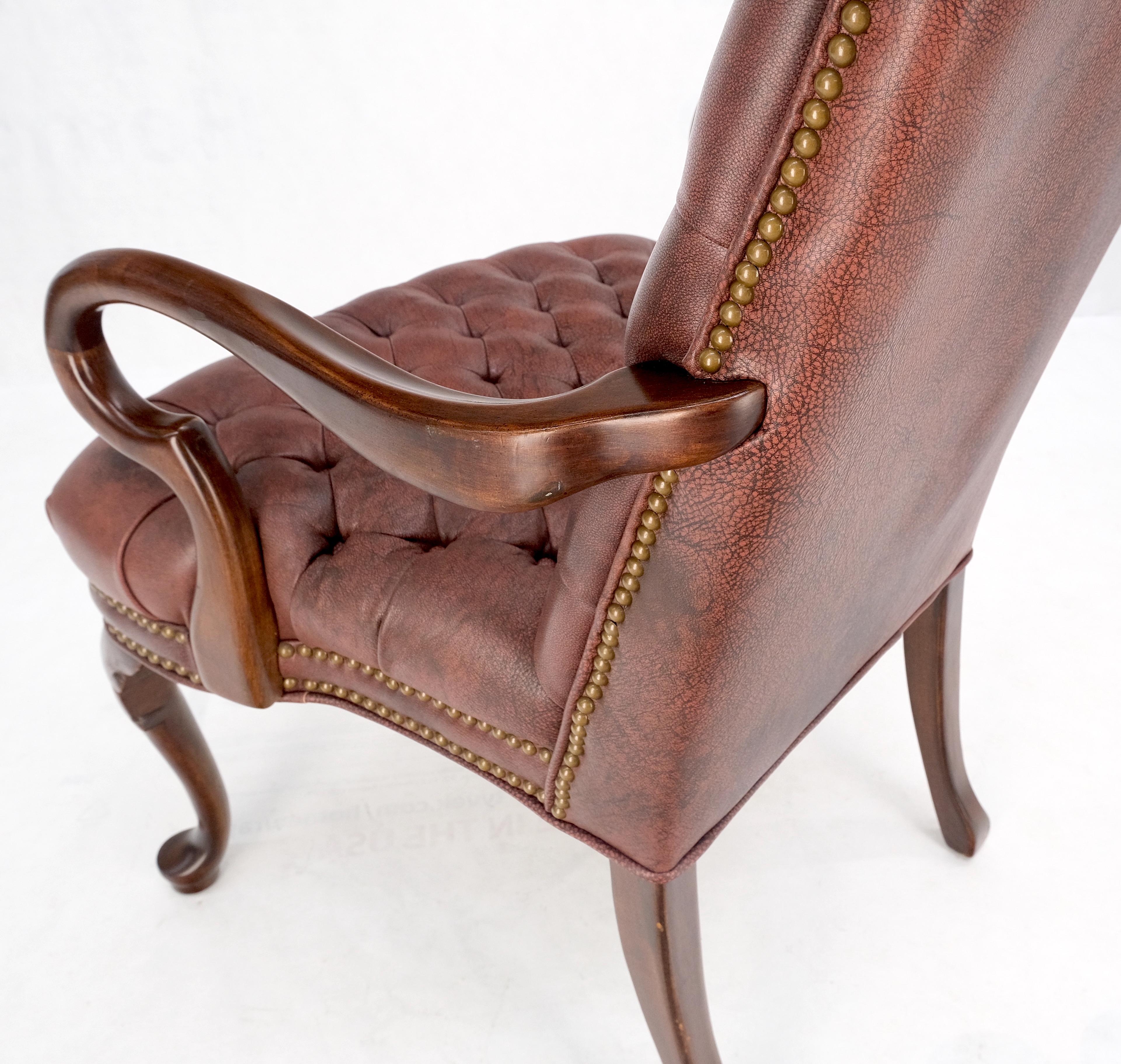 Pair Burgundy Leather Queen Anne Tufted Upholstery Walnut Armchairs MINT For Sale 4