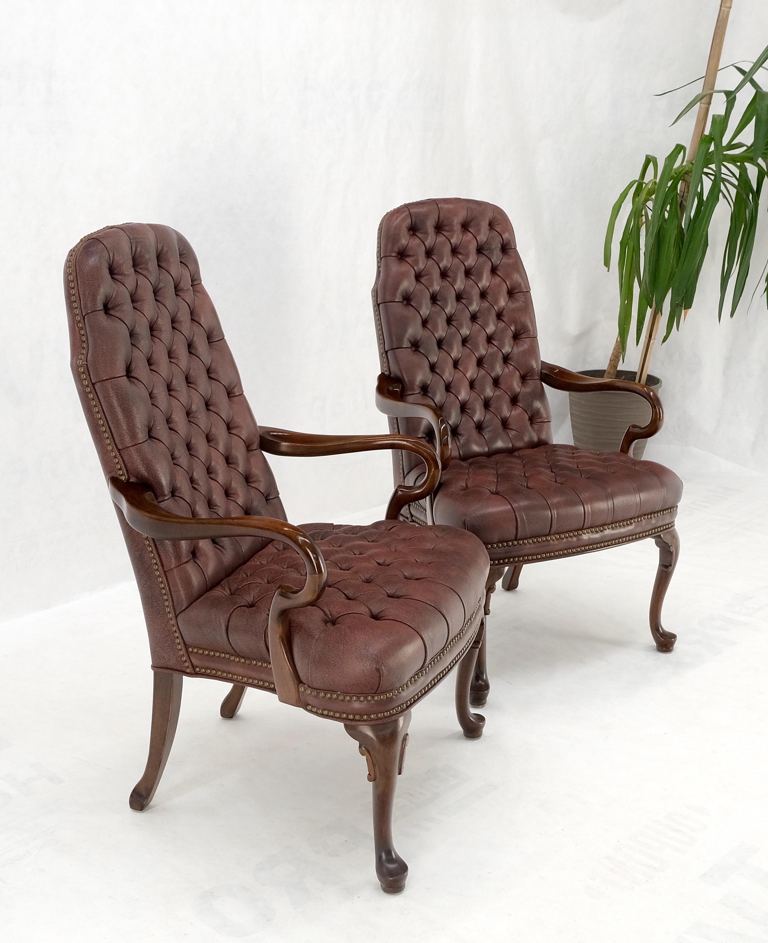 Pair Burgundy Leather Queen Anne Tufted Upholstery Walnut Armchairs MINT For Sale 5