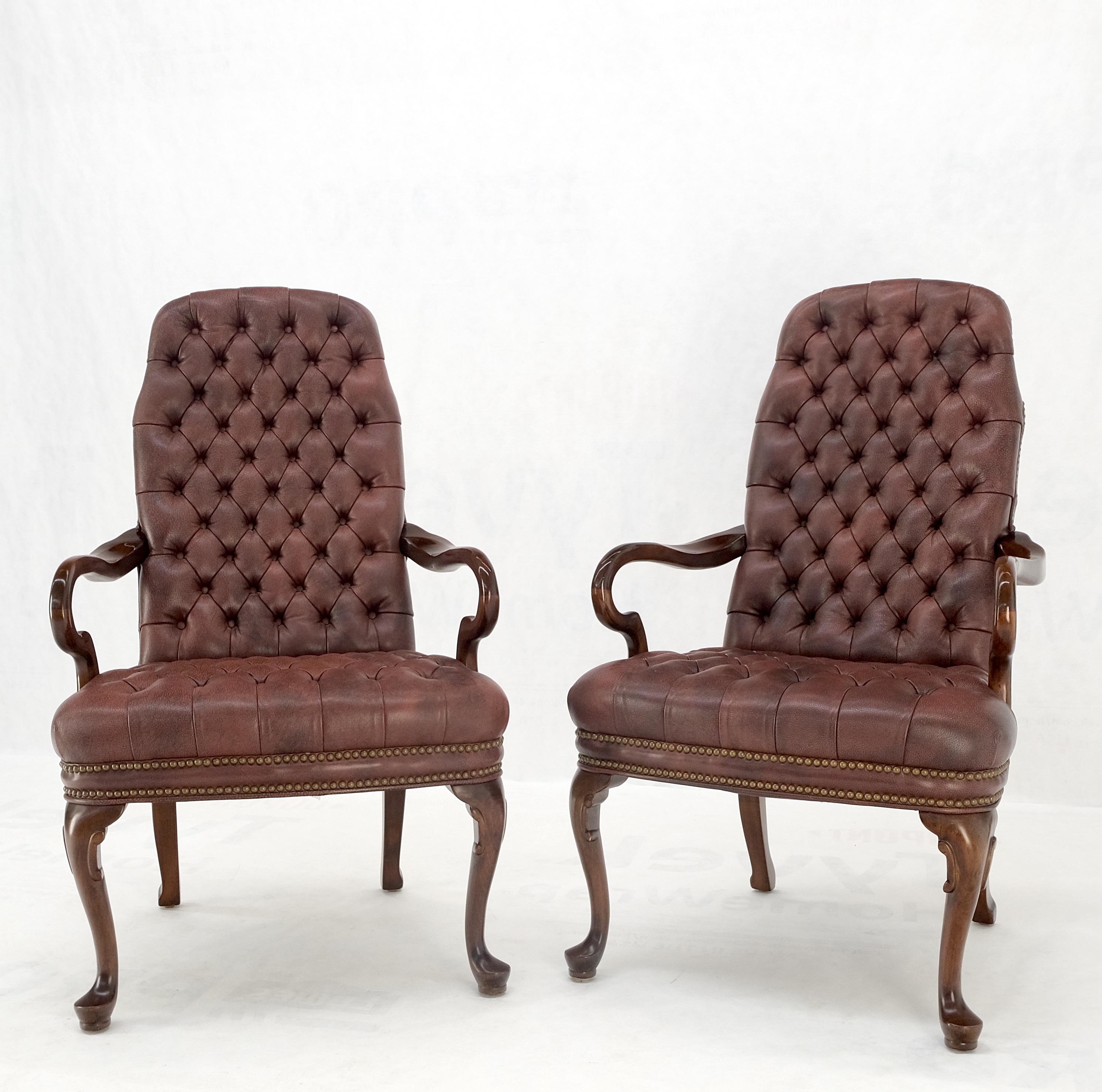 Pair Burgundy Leather Queen Anne Tufted Upholstery Walnut Armchairs MINT For Sale 6