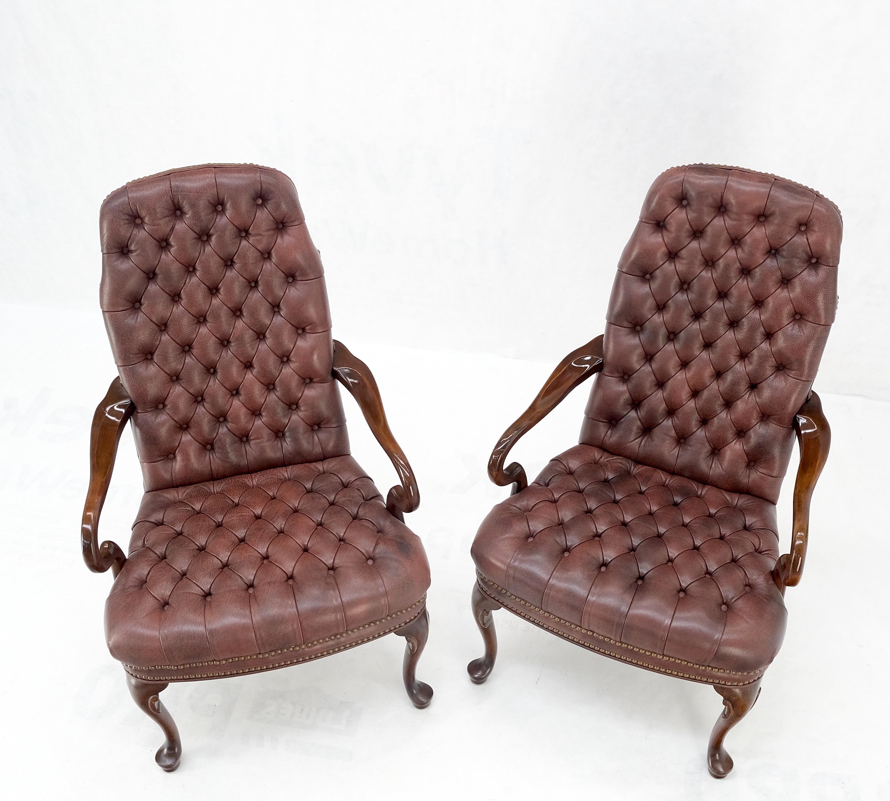 Pair Burgundy Leather Queen Anne Tufted Upholstery Walnut Armchairs MINT For Sale 7