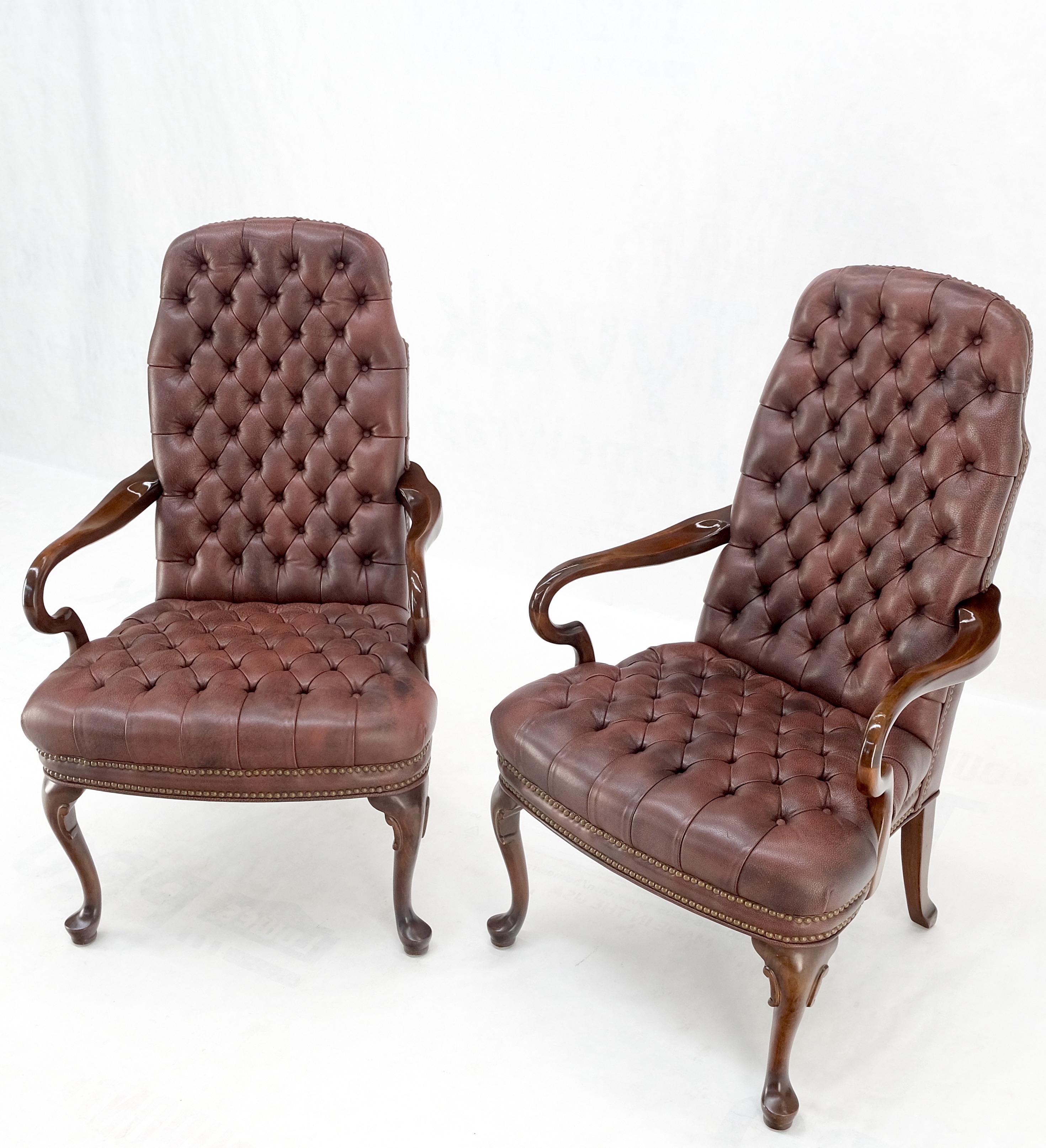 Pair Burgundy Leather Queen Anne Tufted Upholstery Walnut Armchairs MINT For Sale 8