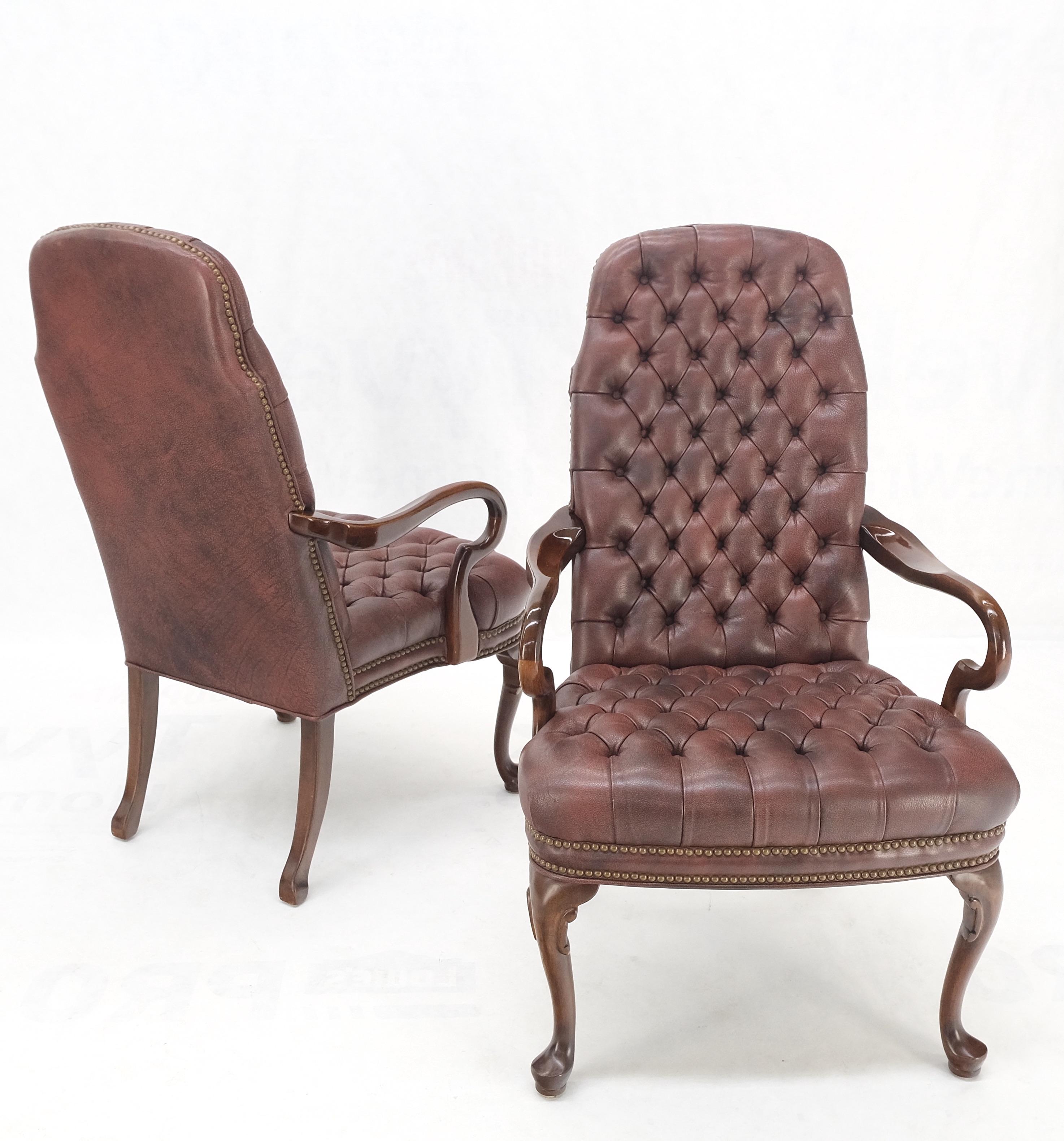 Pair Burgundy Leather Queen Anne Tufted Upholstery Walnut Armchairs MINT For Sale 10