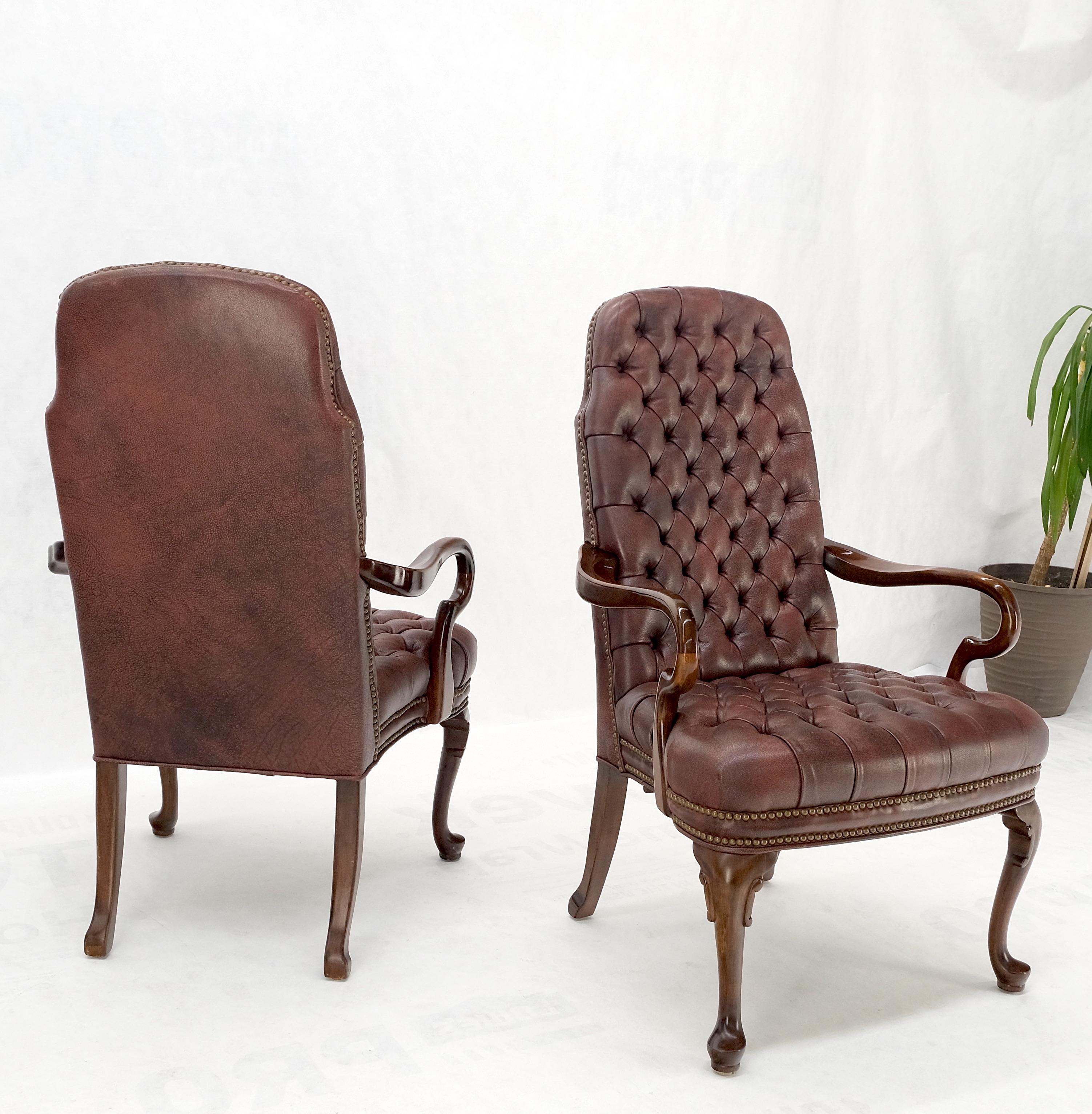 Pair Burgundy Leather Queen Anne Tufted Upholstery Walnut Armchairs MINT For Sale 11