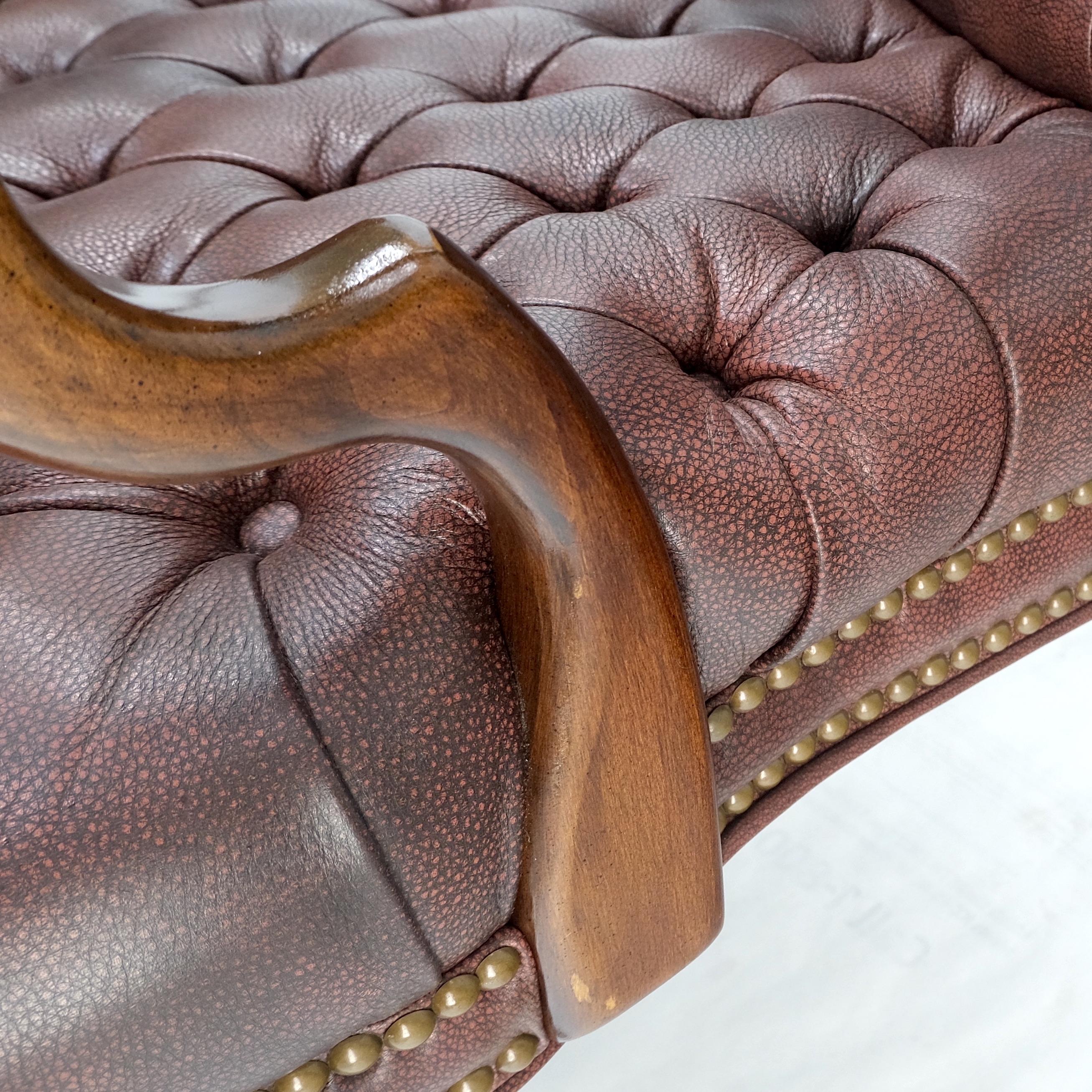 Pair Burgundy leather Queen Anne tufted upholstery walnut armchairs mint!