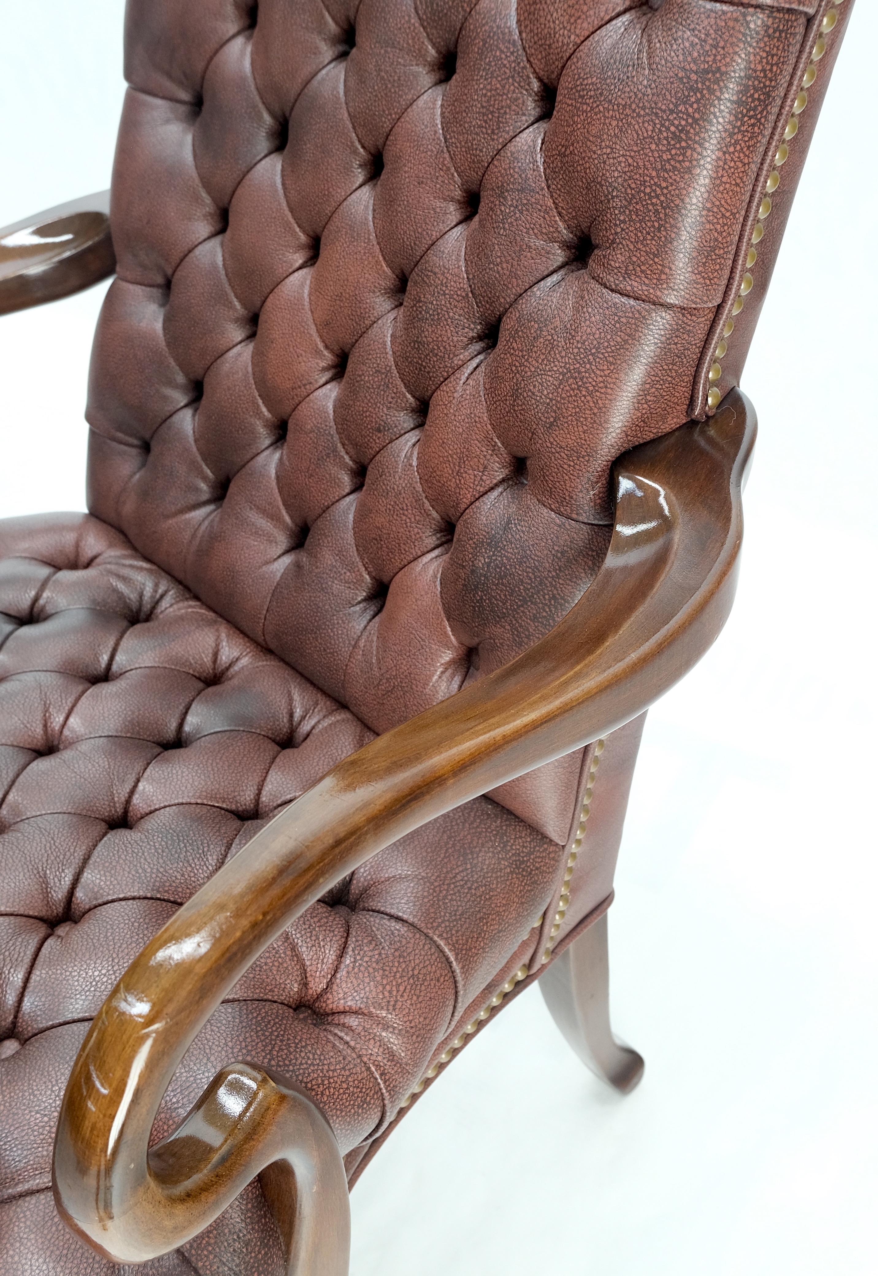 American Pair Burgundy Leather Queen Anne Tufted Upholstery Walnut Armchairs MINT For Sale