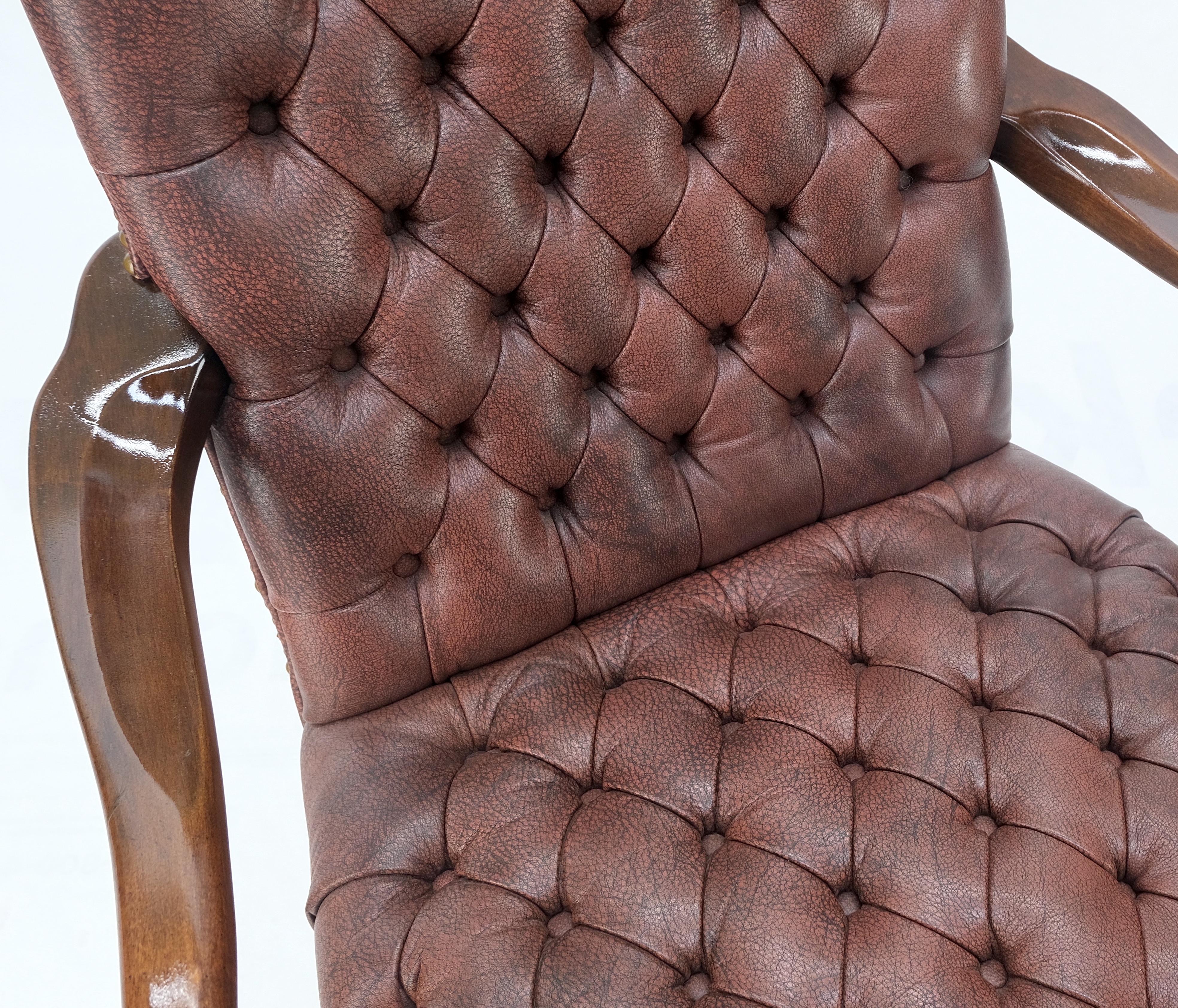 Lacquered Pair Burgundy Leather Queen Anne Tufted Upholstery Walnut Armchairs MINT For Sale