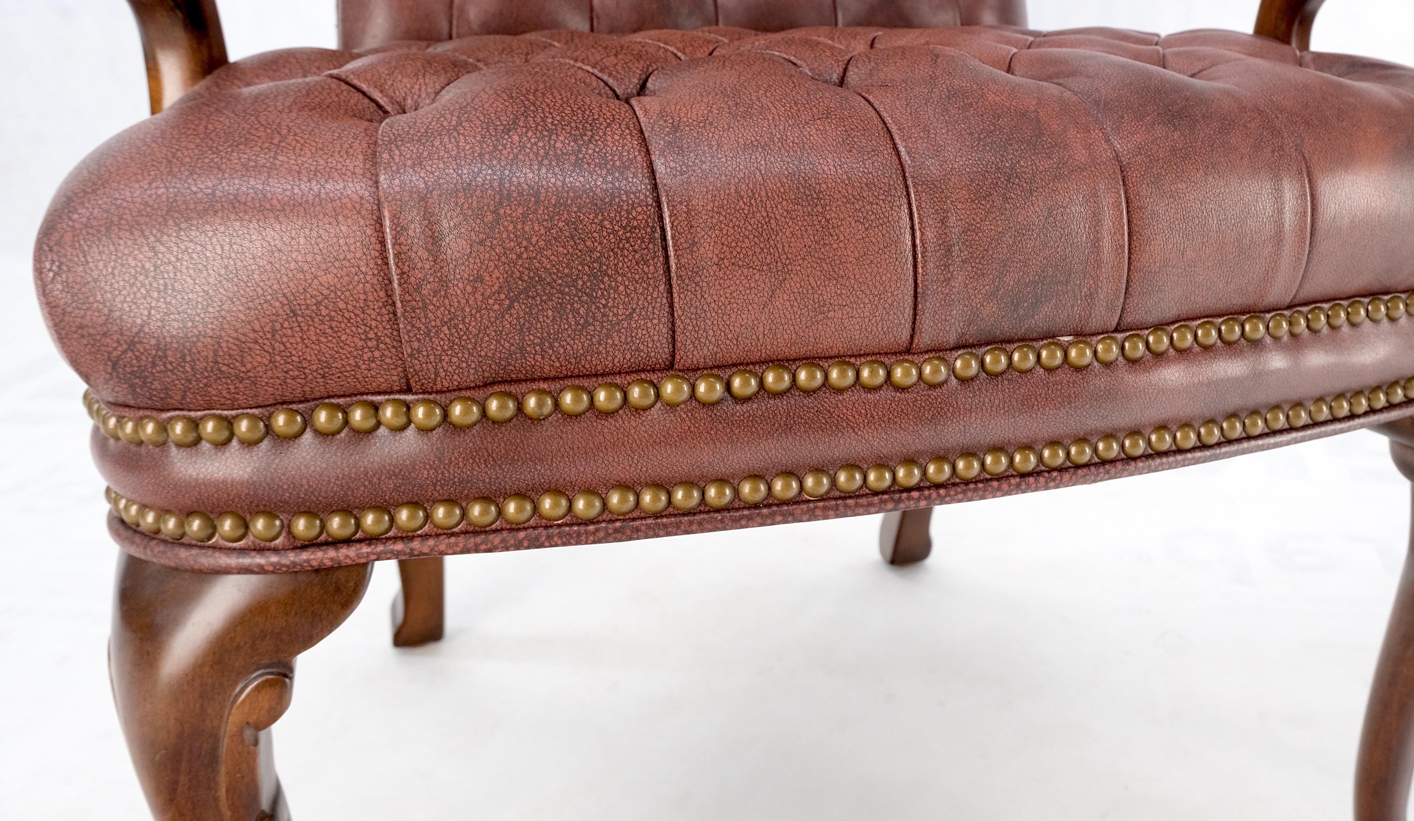 20th Century Pair Burgundy Leather Queen Anne Tufted Upholstery Walnut Armchairs MINT For Sale