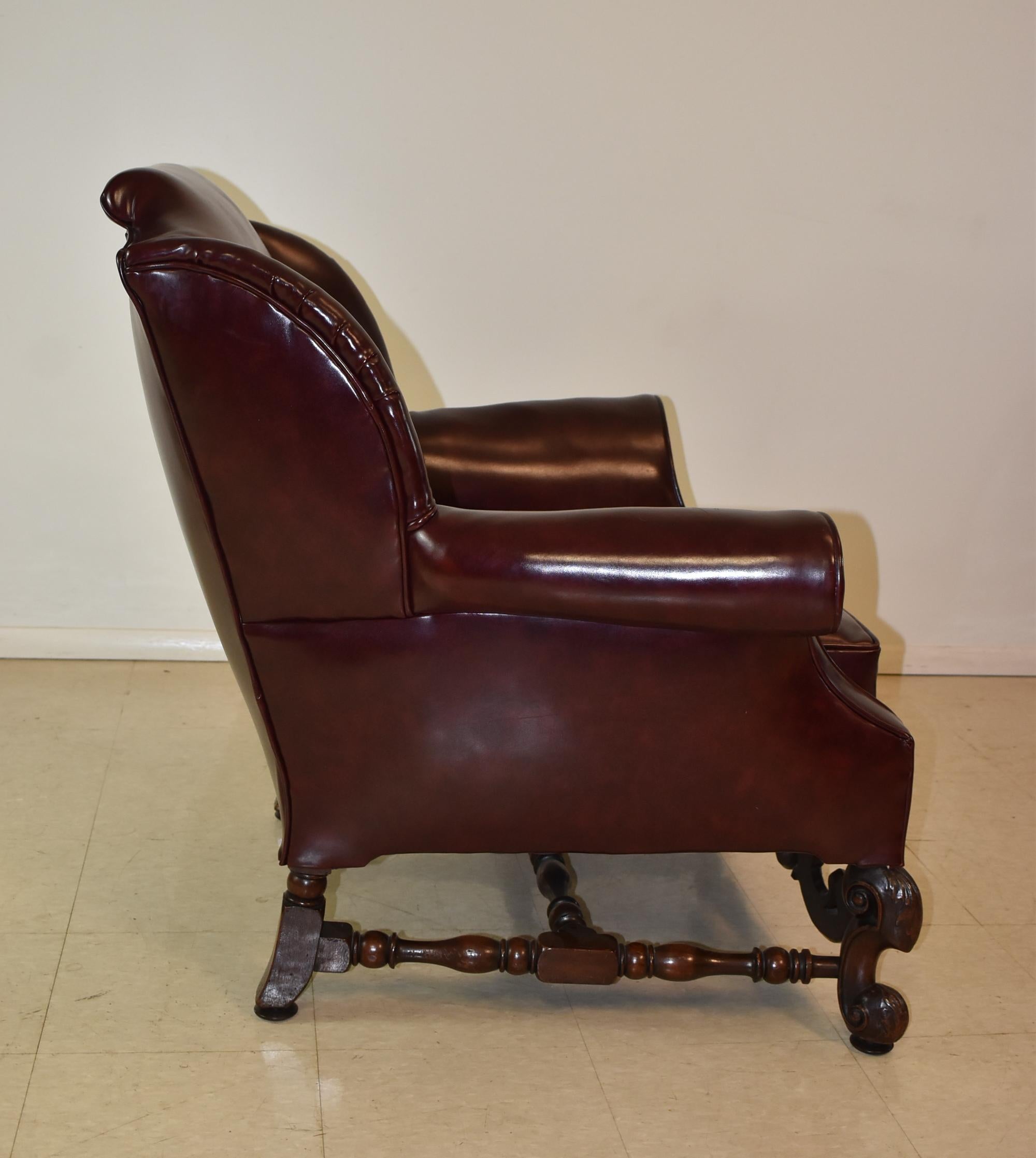 Art Nouveau Pair Burgundy Wing Back Club Chairs Heavily Carved Walnut Frame For Sale