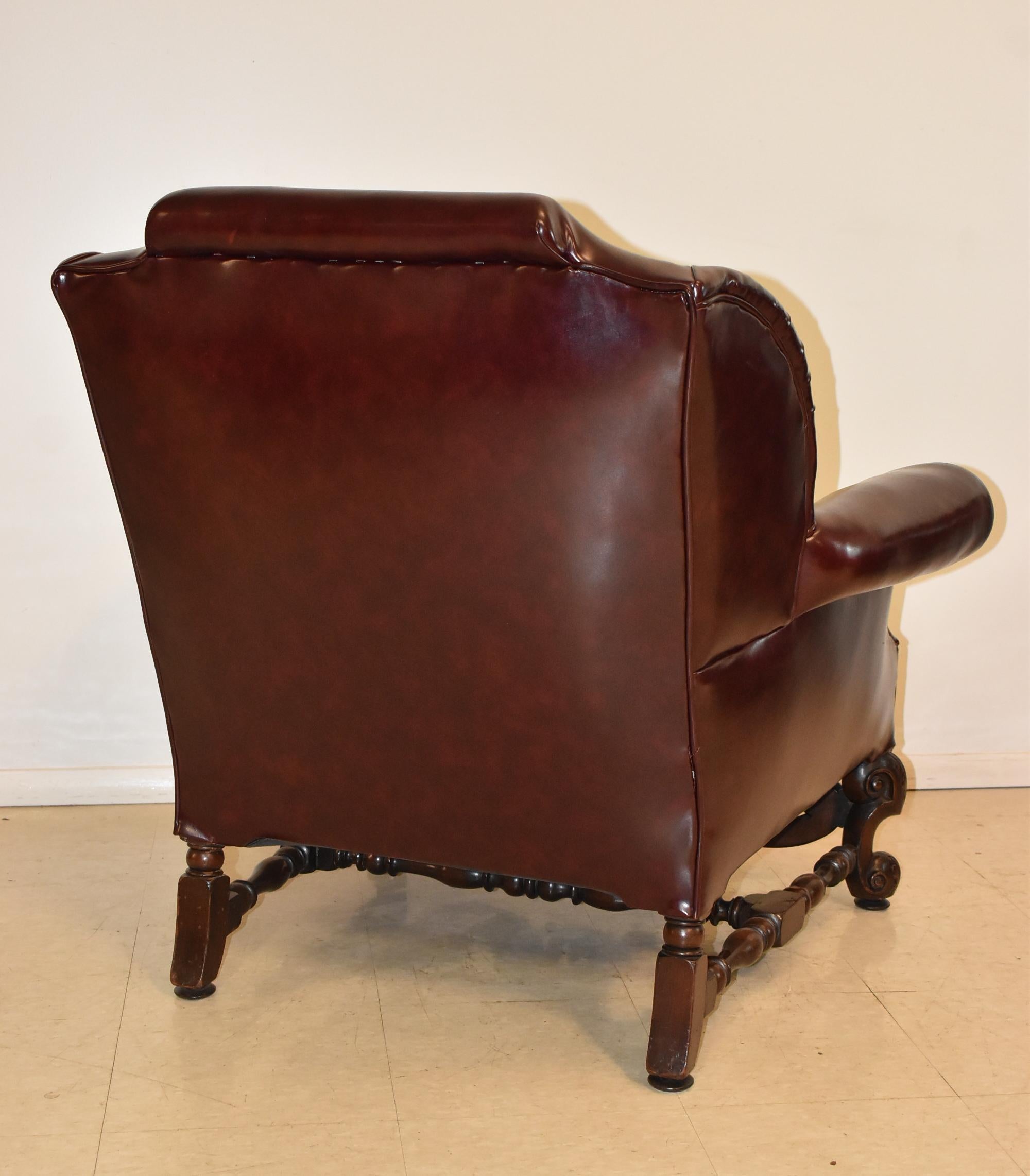 Unknown Pair Burgundy Wing Back Club Chairs Heavily Carved Walnut Frame For Sale