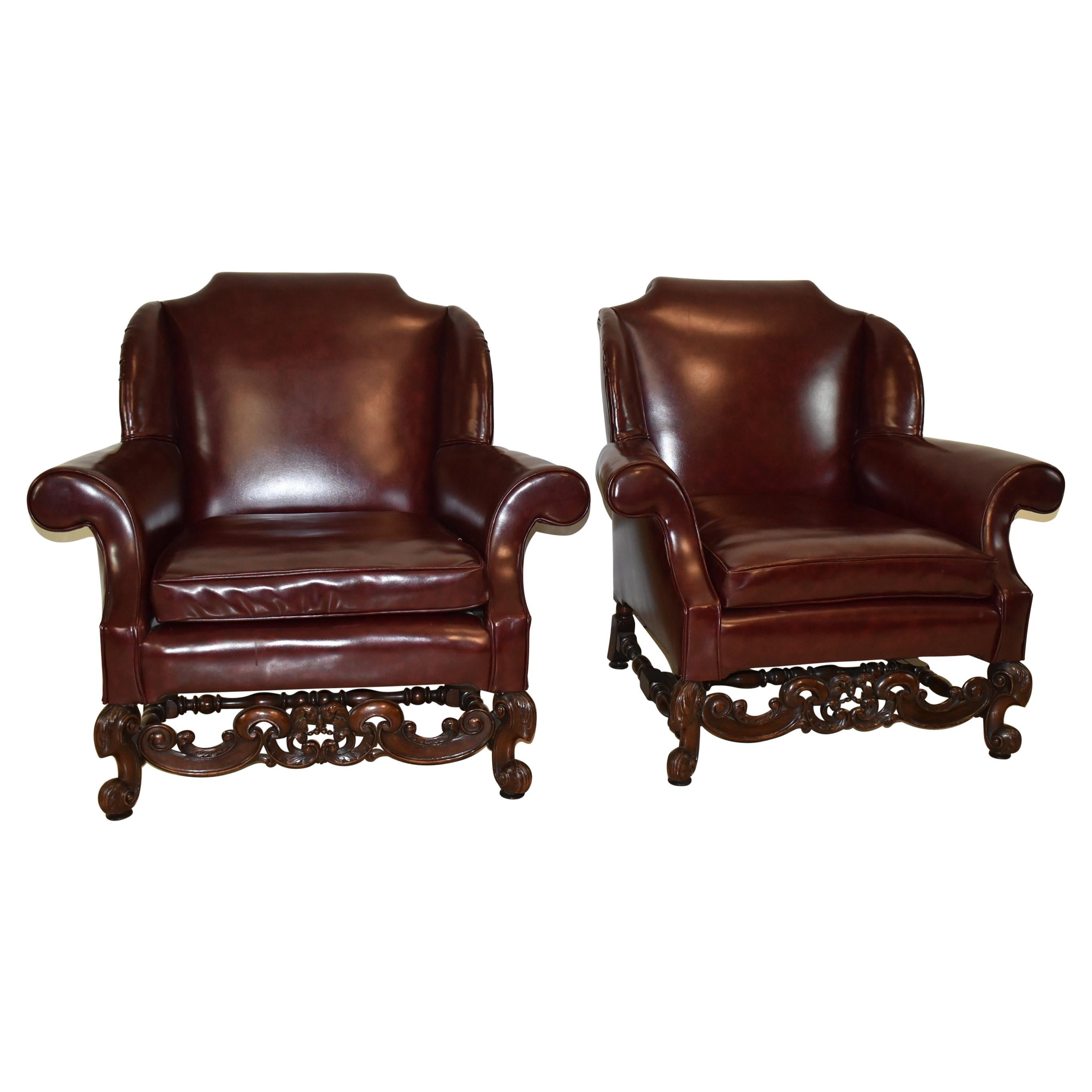 Pair Burgundy Wing Back Club Chairs Heavily Carved Walnut Frame For Sale