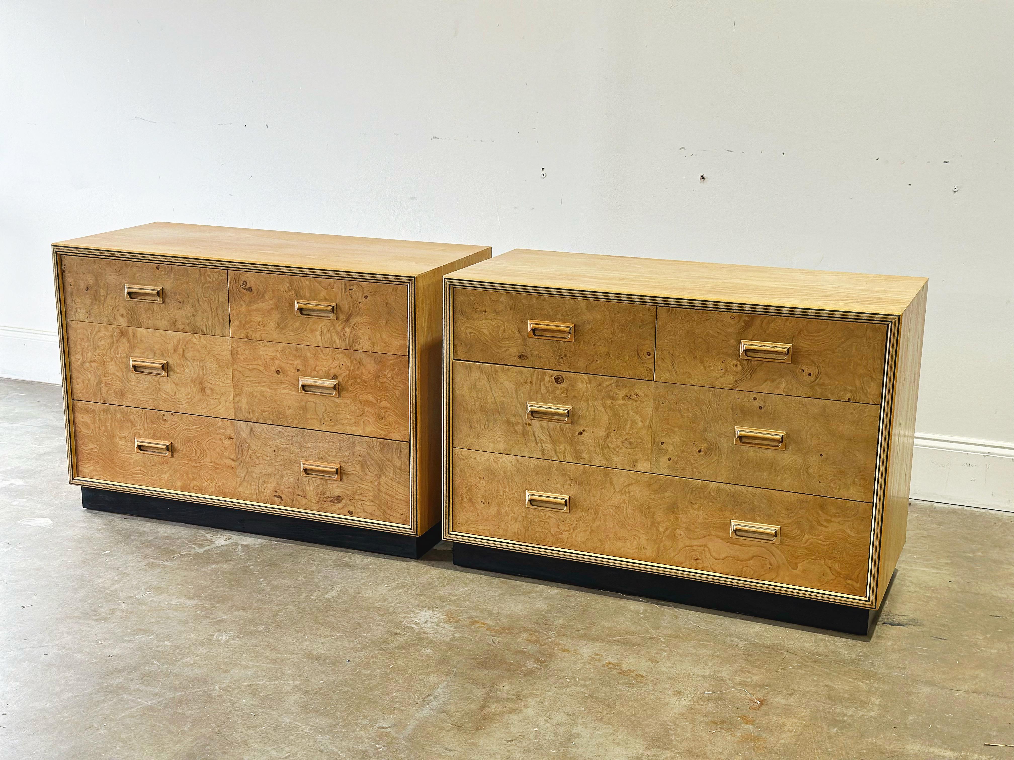 Ash Pair Burl Dressers, Henredon Scene Two, Modern Burled Nightstands or Chests