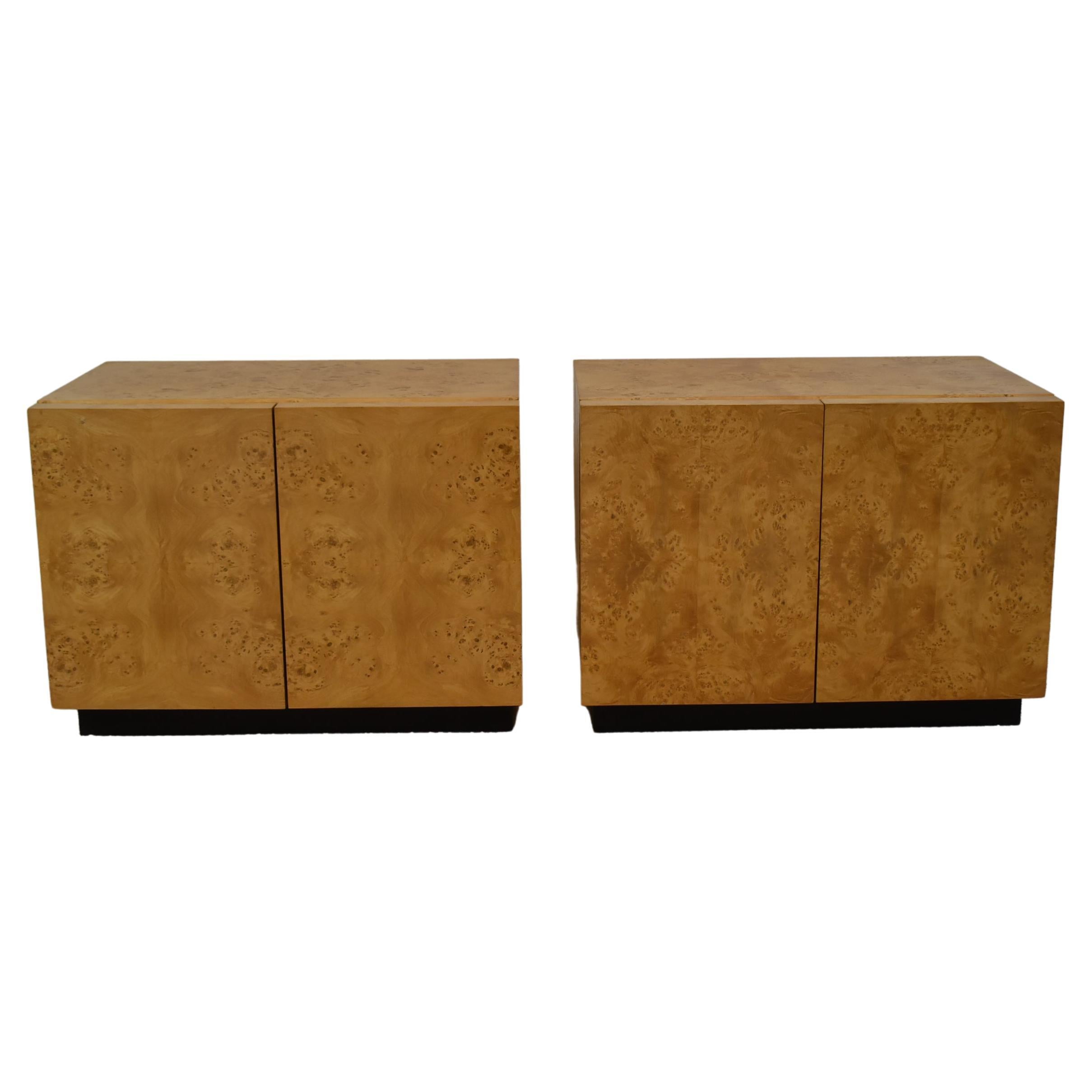 Pair Burl Olive Wood Nightstands Black Plinth Base