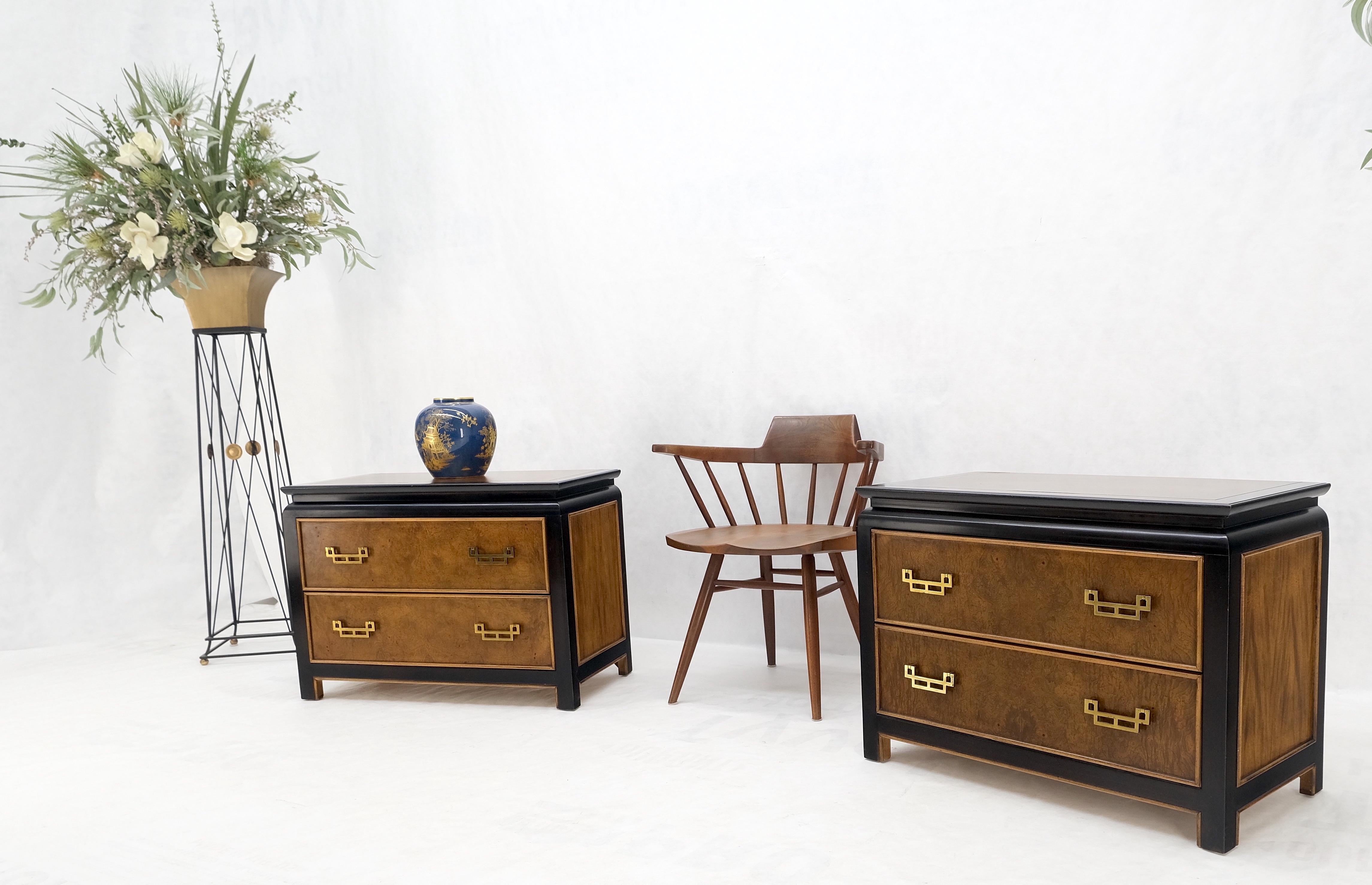 Pair Burl Wood Black Lacquer Solid Brass Drop Pull 2 Drawer Night Stands MINT! For Sale 6