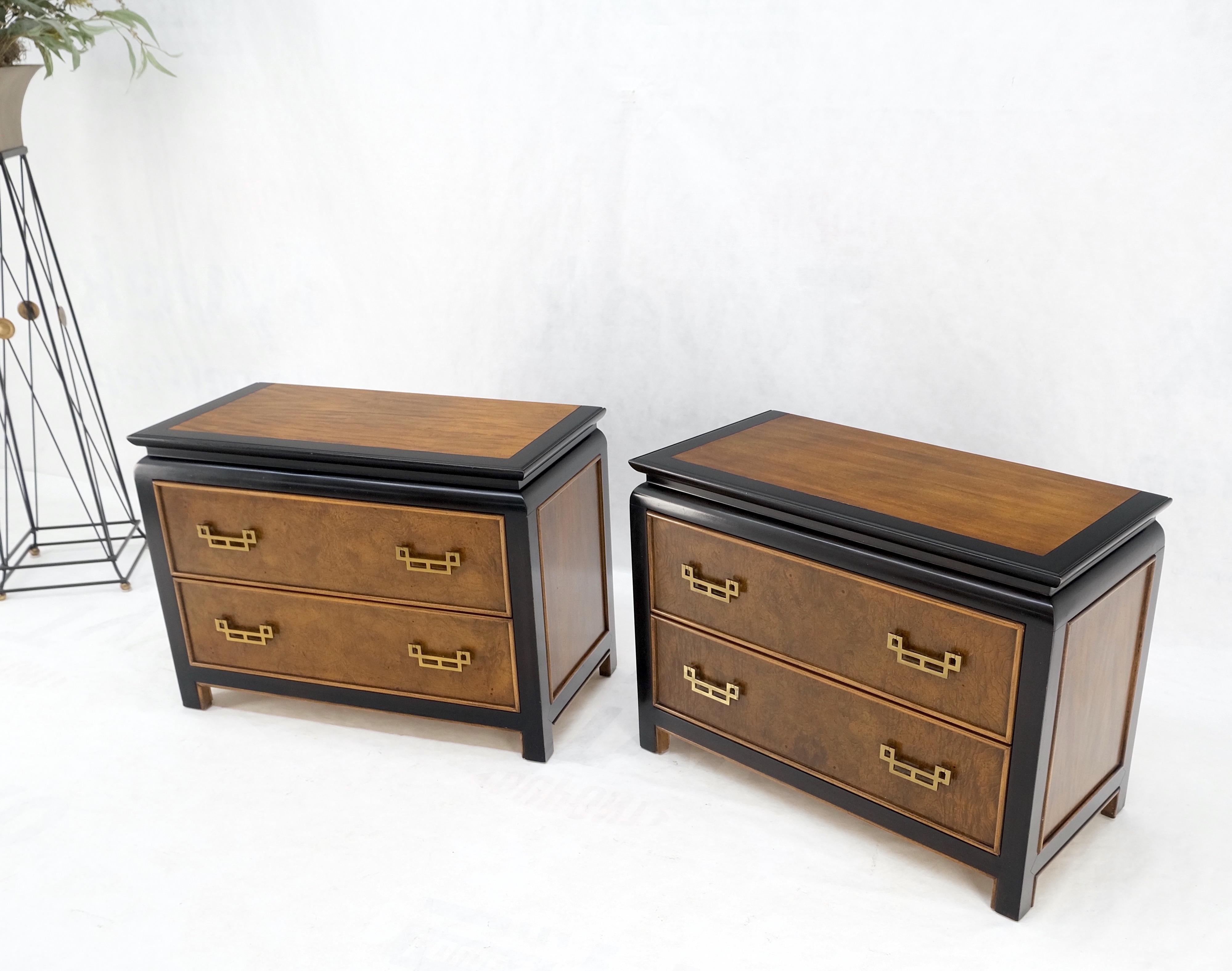 Pair Burl Wood Black Lacquer Solid Brass Drop Pull 2 Drawer Night Stands MINT!.