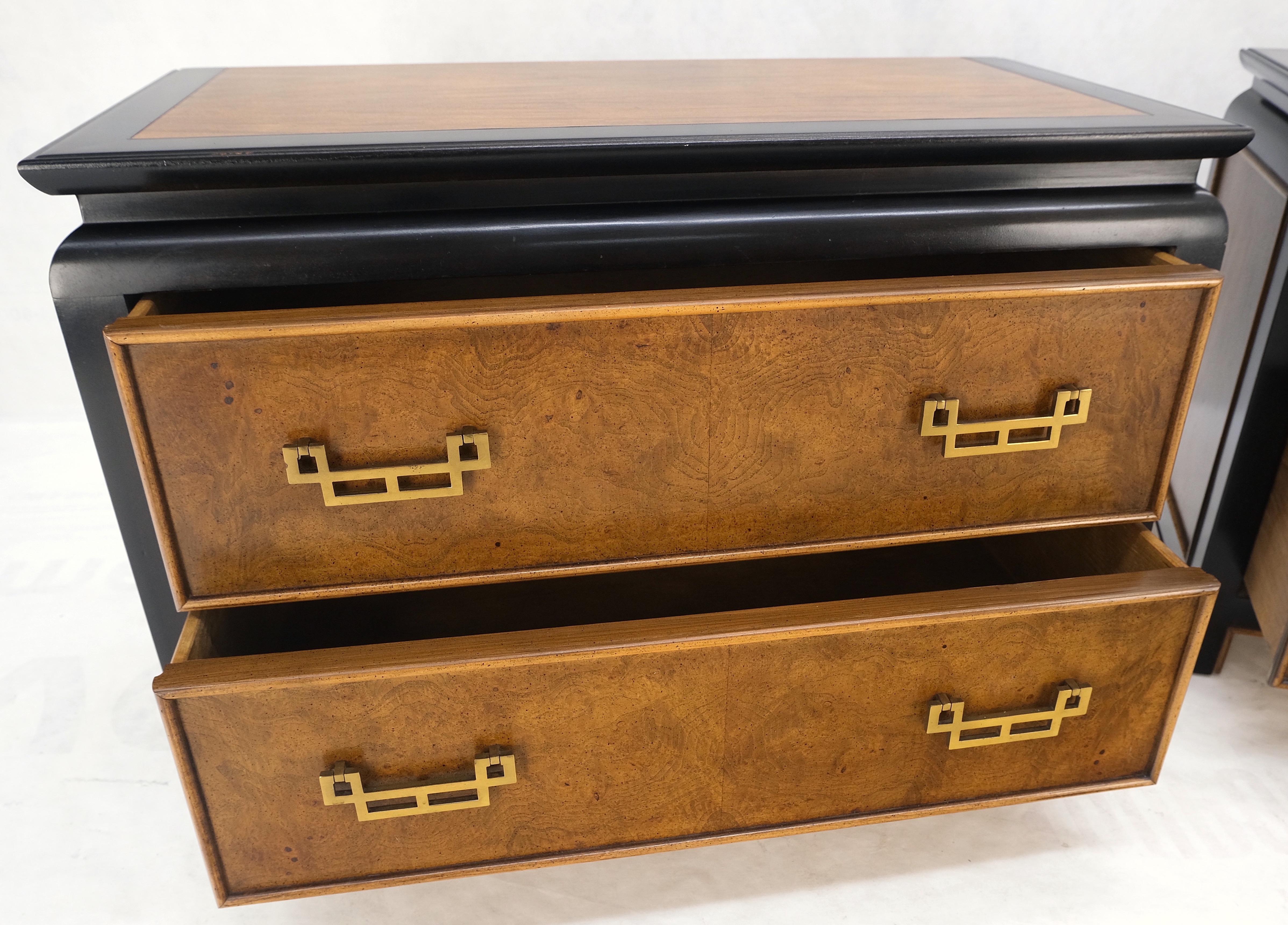 Mid-Century Modern Pair Burl Wood Black Lacquer Solid Brass Drop Pull 2 Drawer Night Stands MINT! For Sale