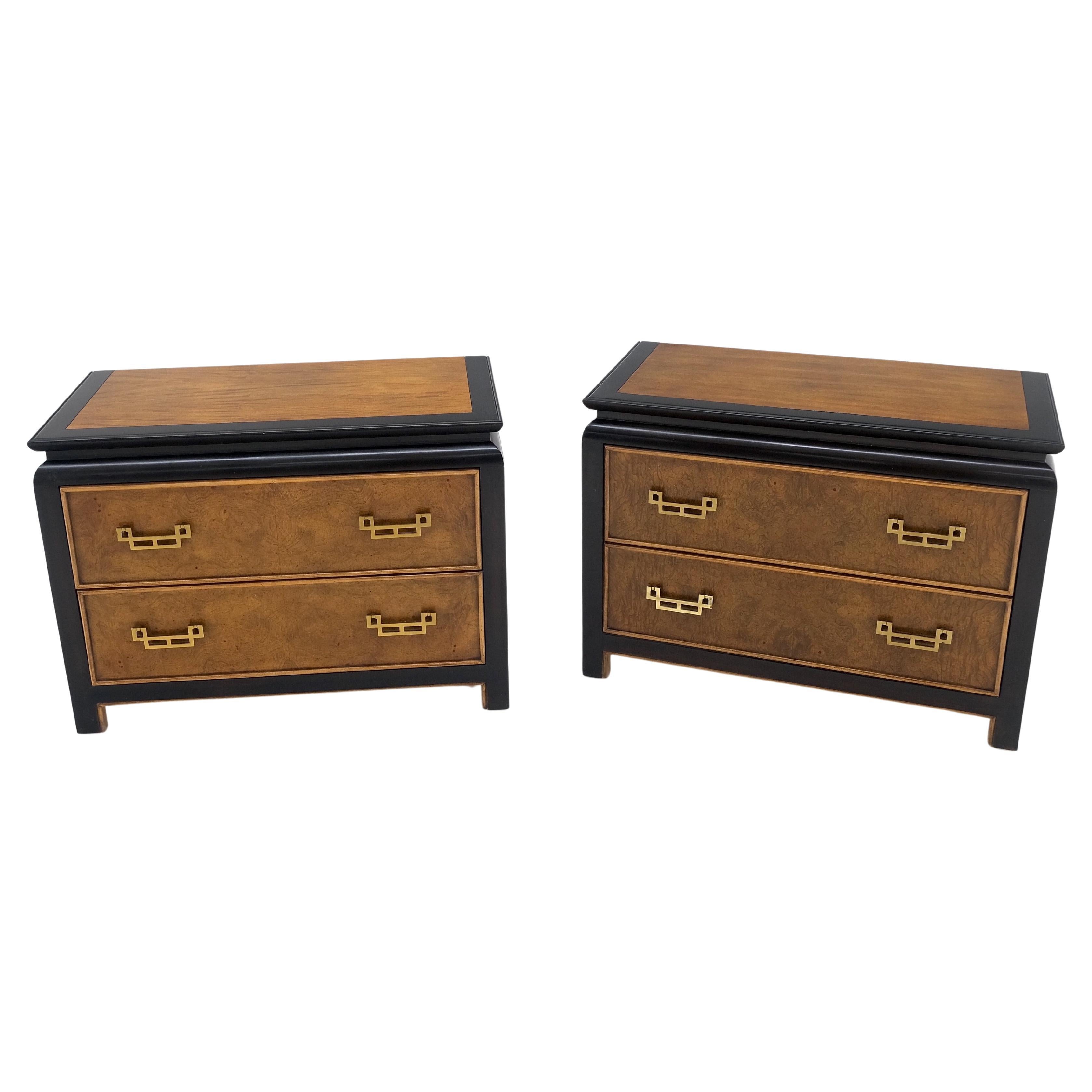 Pair Burl Wood Black Lacquer Solid Brass Drop Pull 2 Drawer Night Stands MINT! For Sale
