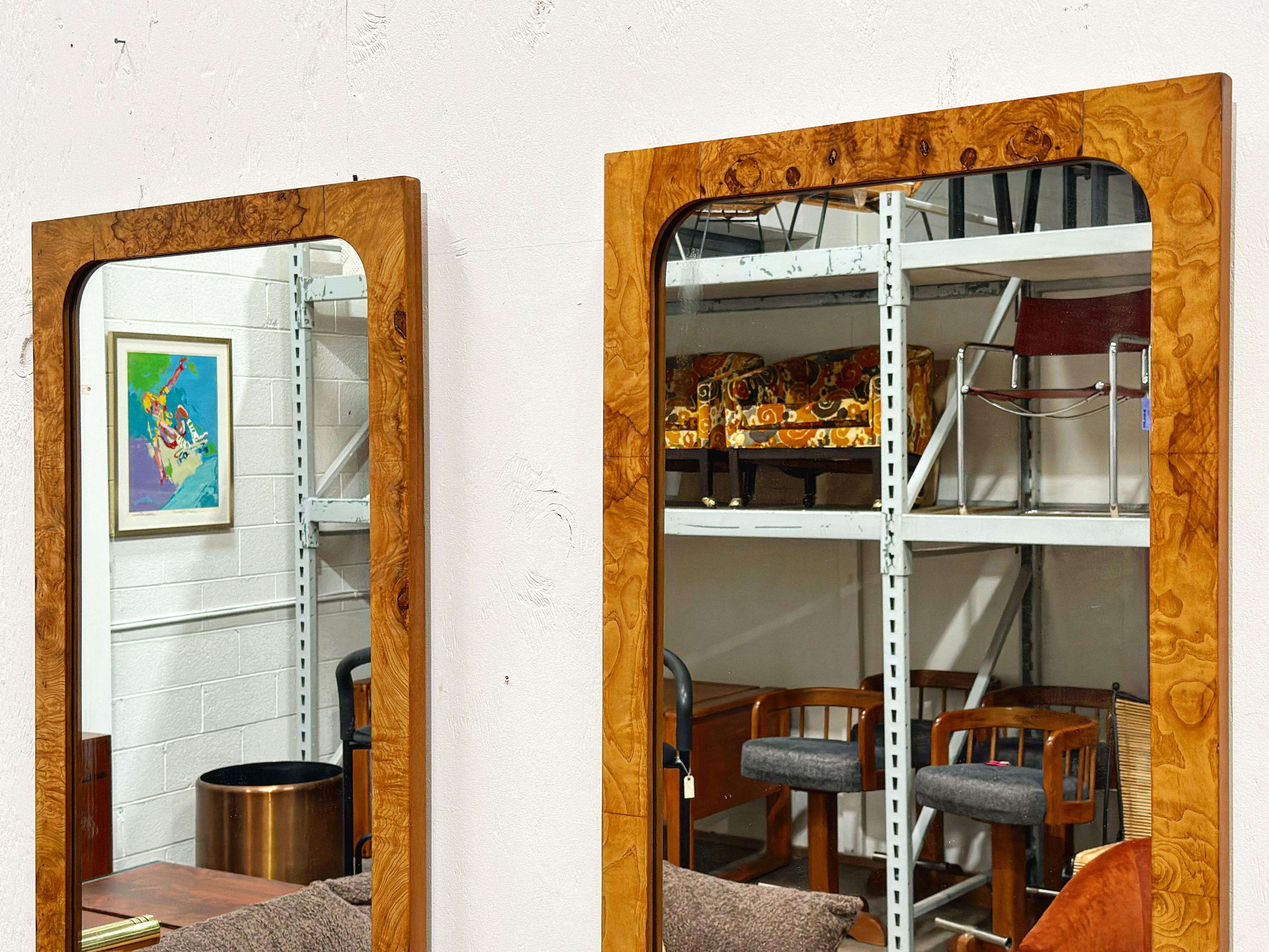 Mid-Century Modern Pair Burl Wood Mirrors - Roland Carter for Lane - Midcentury After Milo Baughman