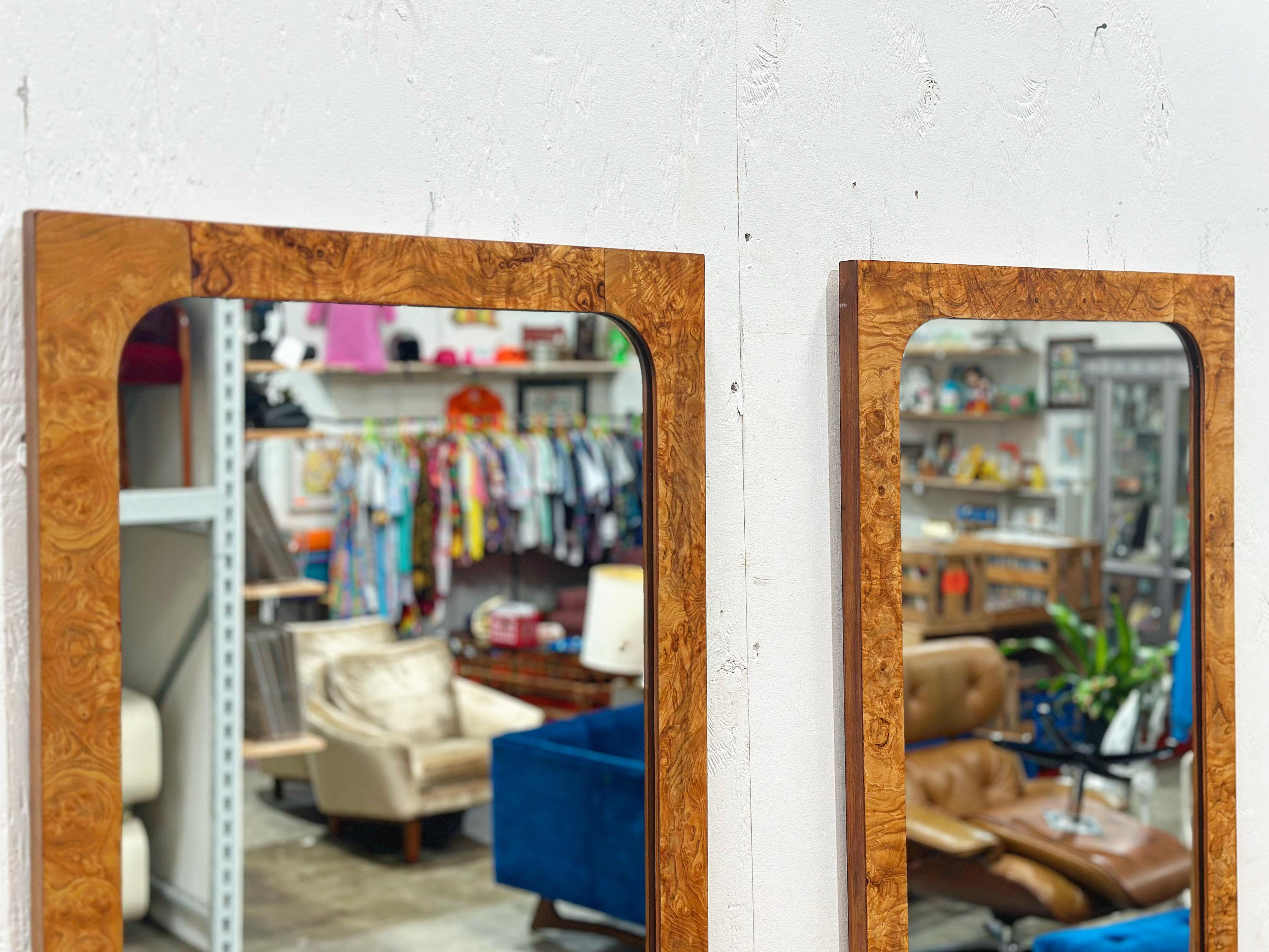 Mid-Century Modern Pair Burl Wood Mirrors - Roland Carter for Lane - Midcentury After Milo Baughman