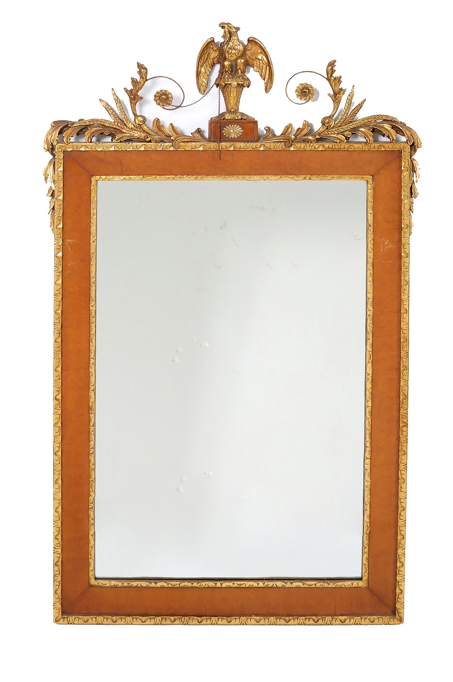 Pair of burl wood framed with gilded top design details hanging wall mirror. The mirror is in good condition with wear appropriate to age / use. Each mirror measure about 50.5 inches high x 30 inches wide.