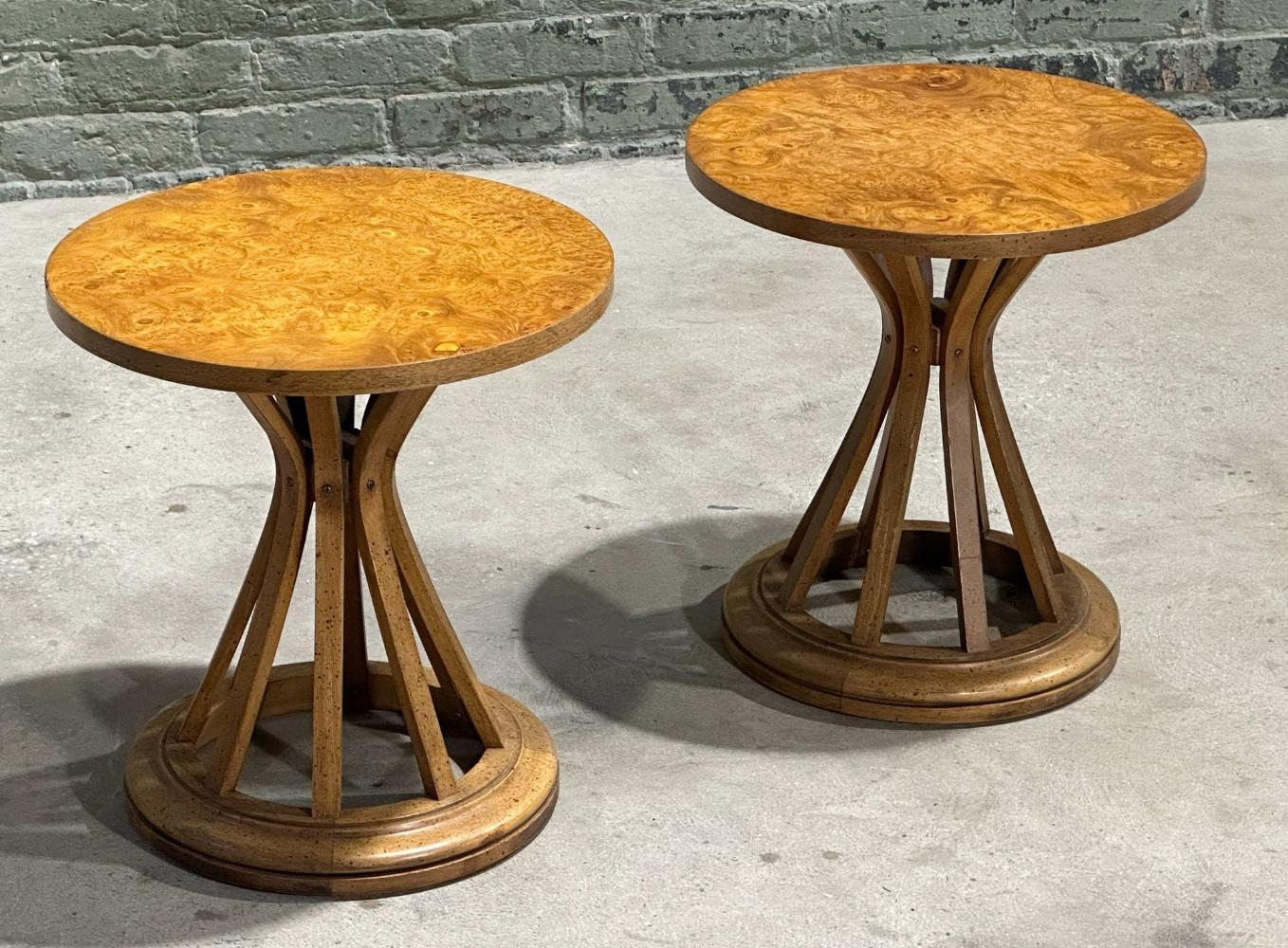 Pair Burlwood Sheaf of Wheat Side/End Tables, 1960. Style of Edward Wormley for Dunbar.
Measure 17.25