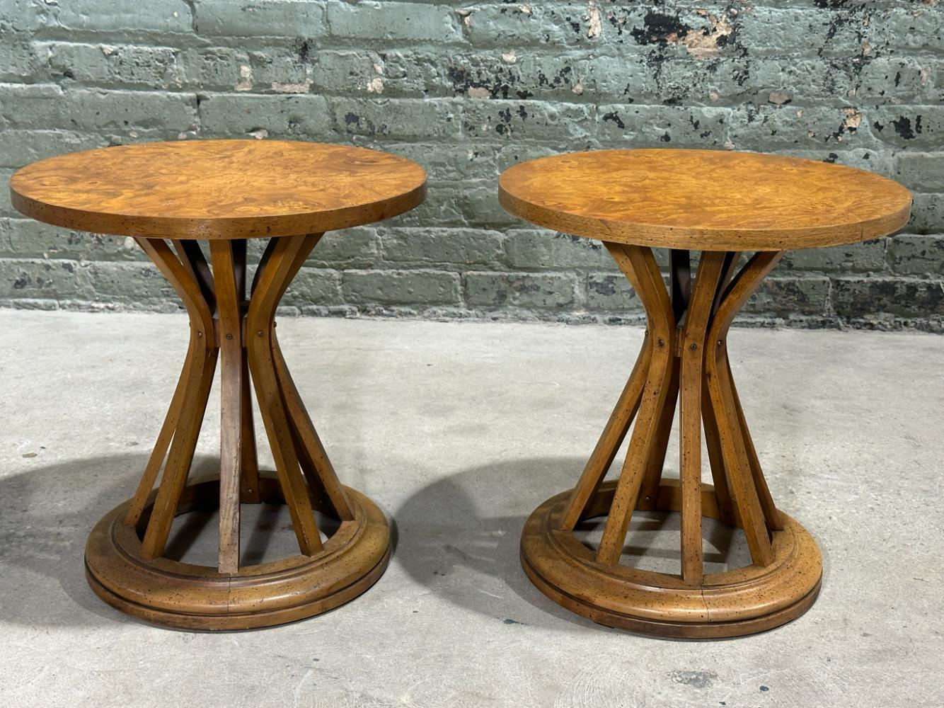 Wood Pair Burlwood Sheaf of Wheat Side/End Tables, 1960