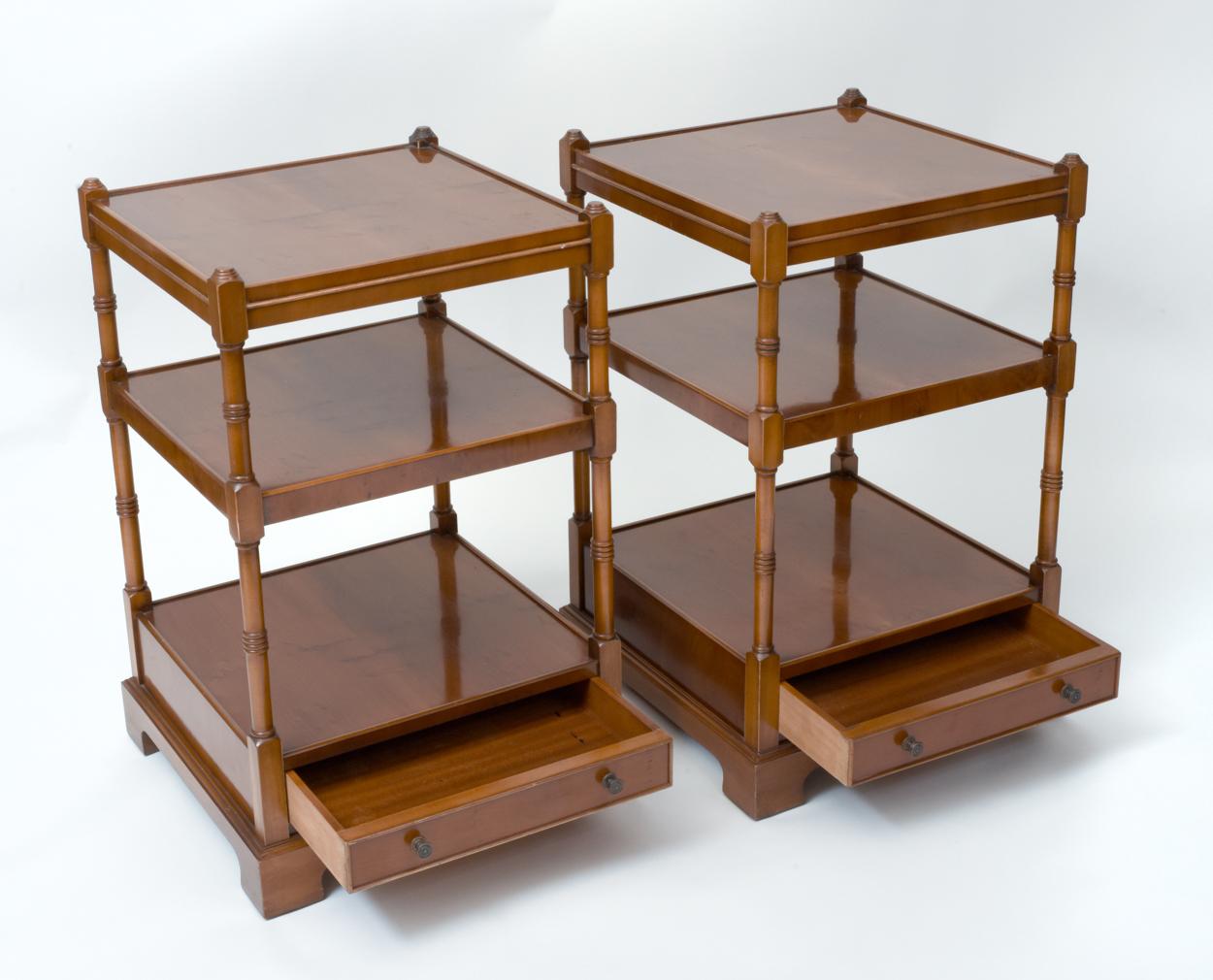 Pair of Burl Wood Three Shelves End or Side Tables In Excellent Condition In Tarry Town, NY