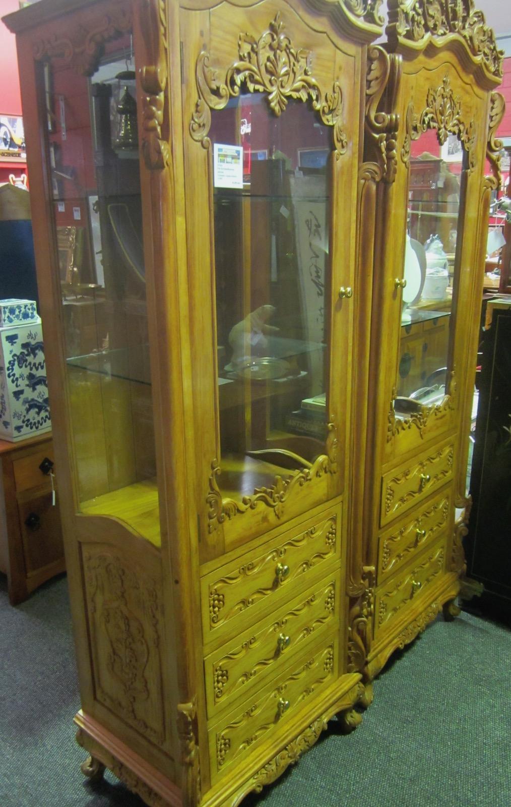 Machine-Made Pair of Burmese/Myanmar Carved Oak Cabinets