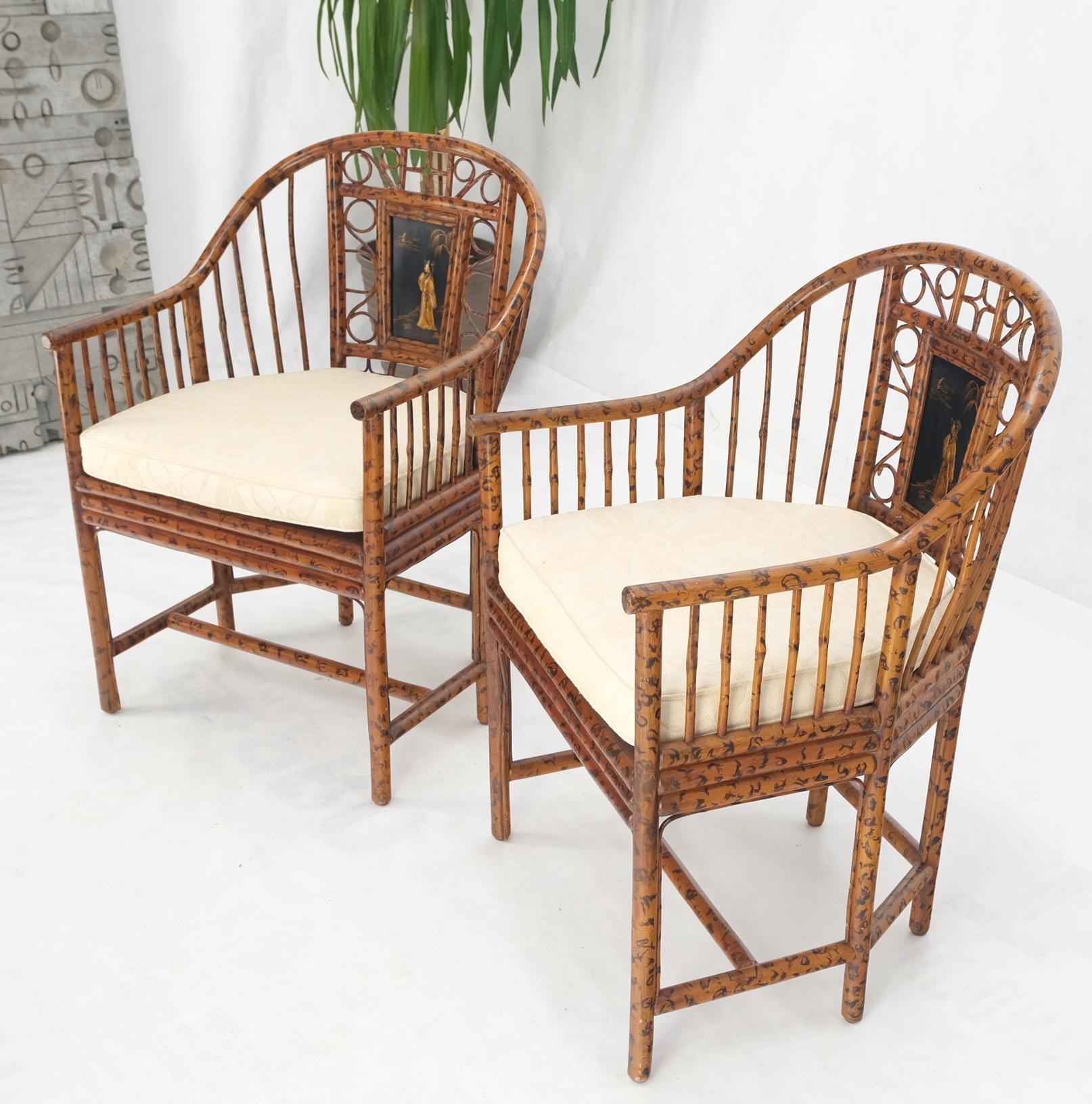 Pair Burnt Bamboo Asian Motive Plaque Decorated Lounge Fireside Chairs Cane Seat For Sale 9