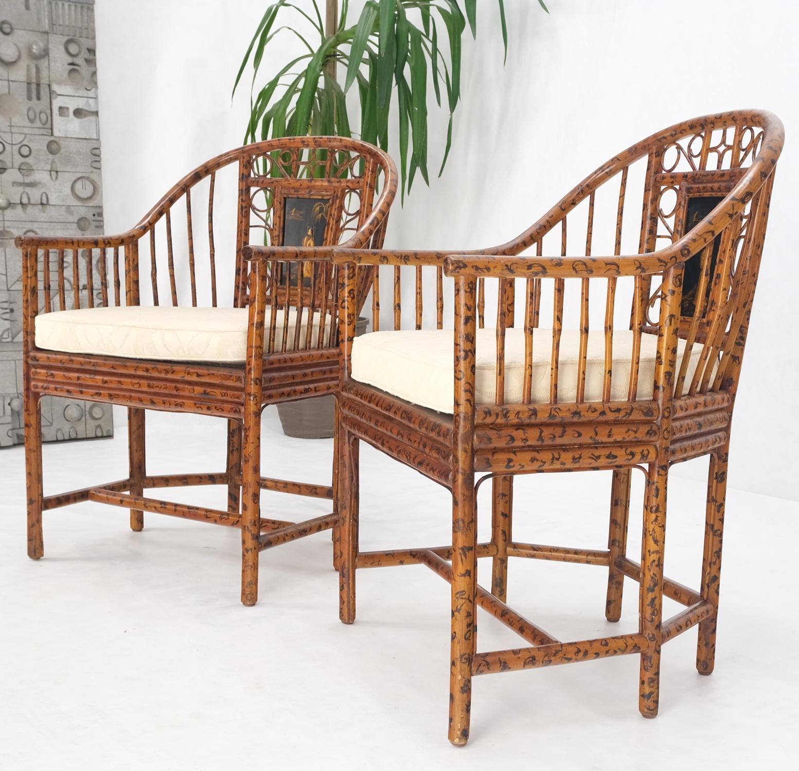 Pair Burnt Bamboo Asian Motive Plaque Decorated Lounge Fireside Chairs Cane Seat For Sale 10