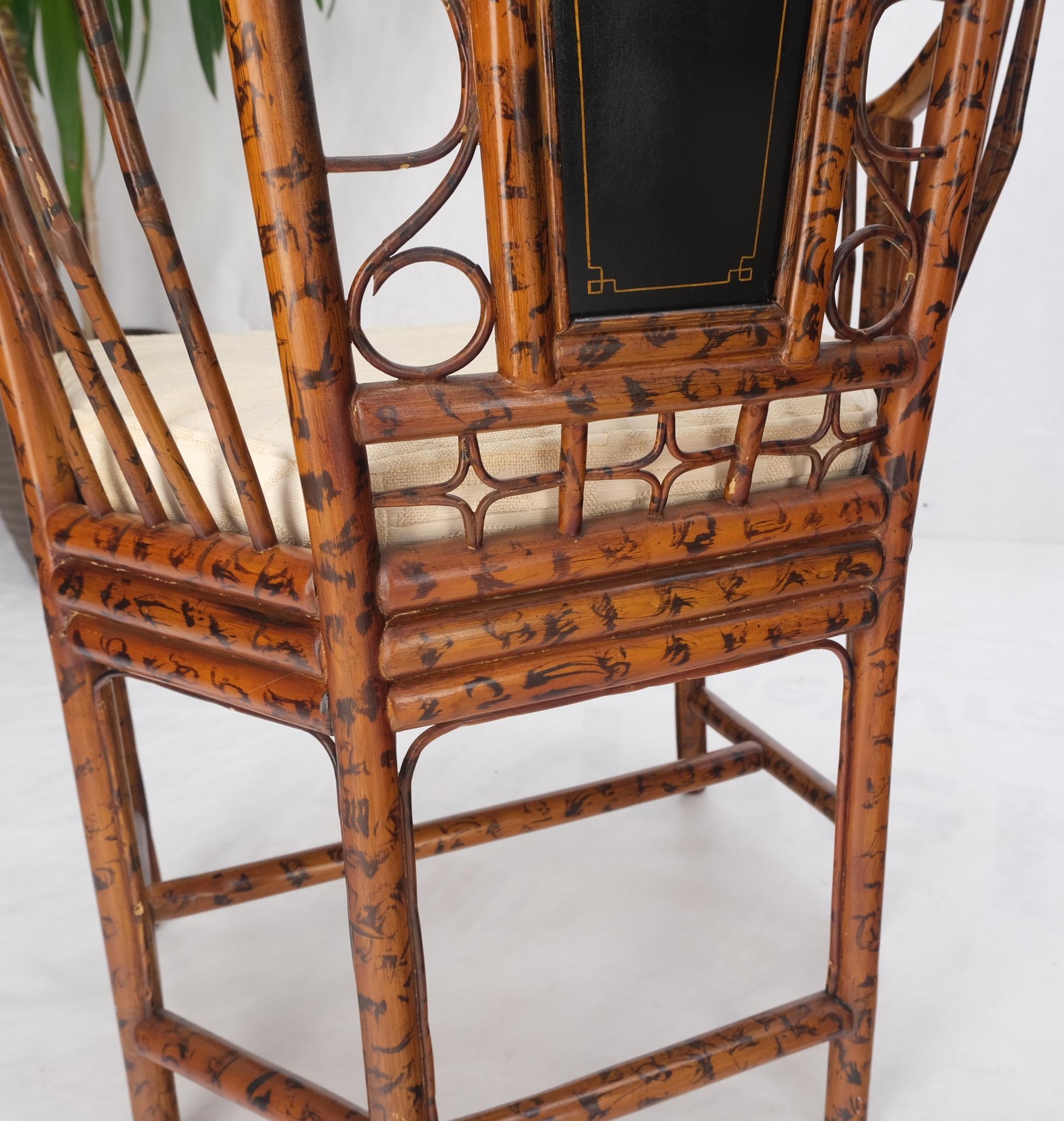 20th Century Pair Burnt Bamboo Asian Motive Plaque Decorated Lounge Fireside Chairs Cane Seat For Sale