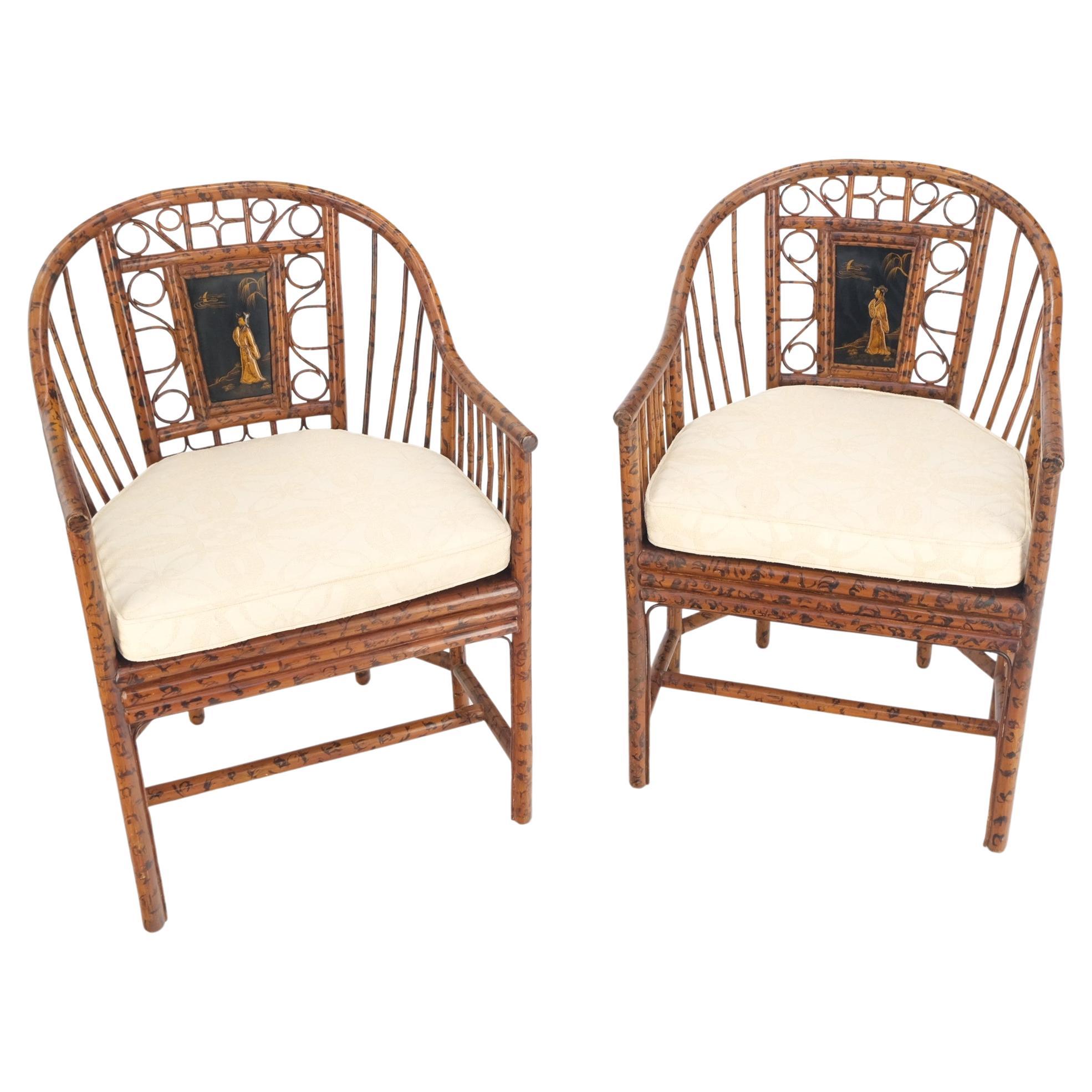 Pair Burnt Bamboo Asian Motive Plaque Decorated Lounge Fireside Chairs Cane Seat For Sale