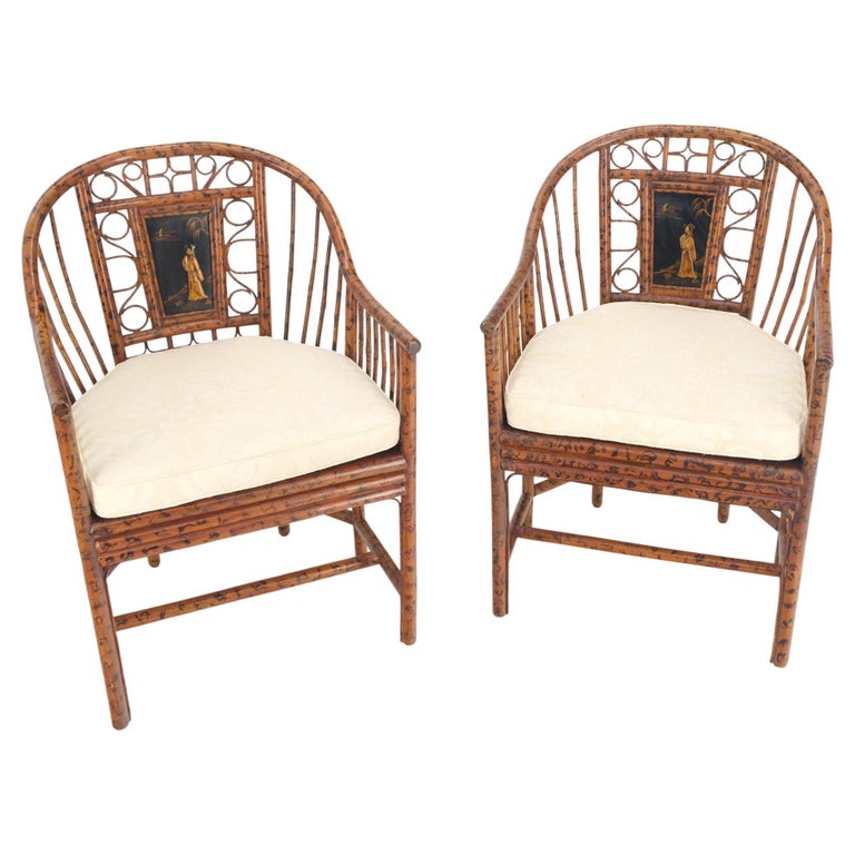 Pair Burnt Bamboo Asian Motive Plaque Decorated Lounge Fireside Chairs Cane Seat For Sale at 1stDibs