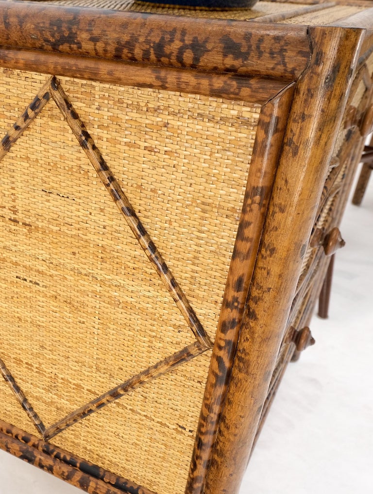 Pair Burnt Bamboo Cane 3 Drawers End Side Bed Tables Nightstands Mint