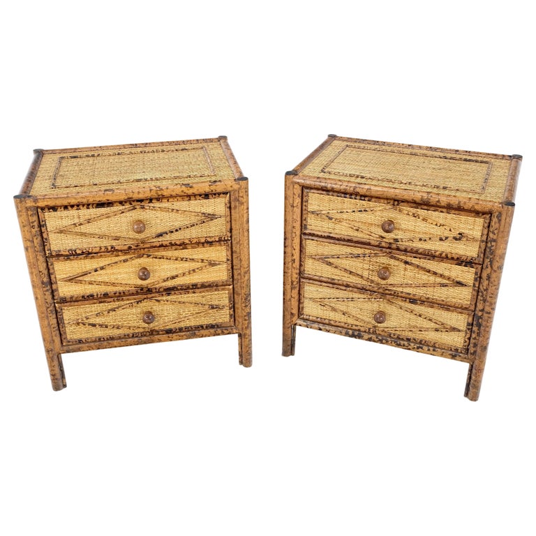 Pair Burnt Bamboo Cane 3 Drawers End Side Bed Tables Nightstands Mint