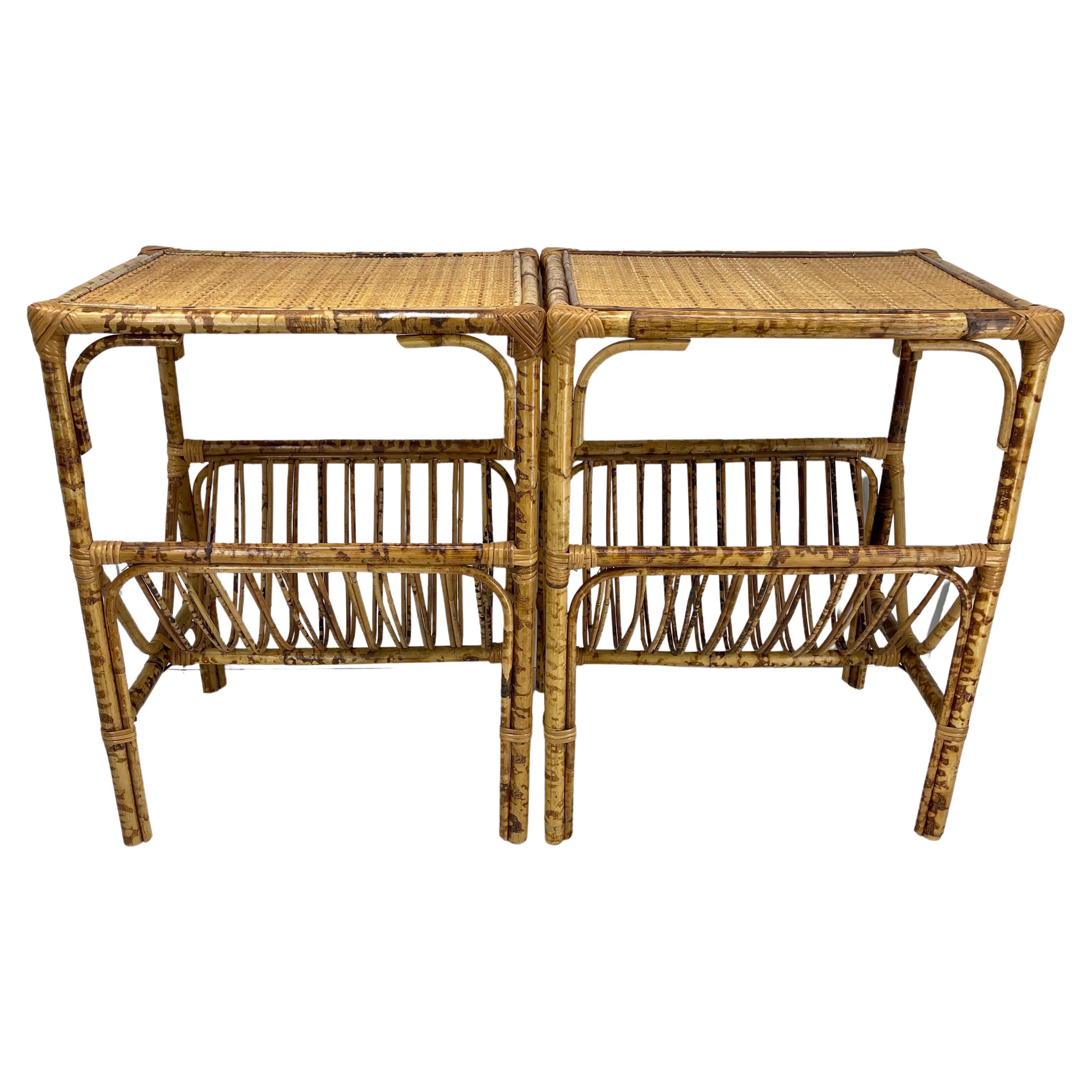 Pair Burnt Bamboo Woven Top Magazine Side Accent Tables For Sale 3