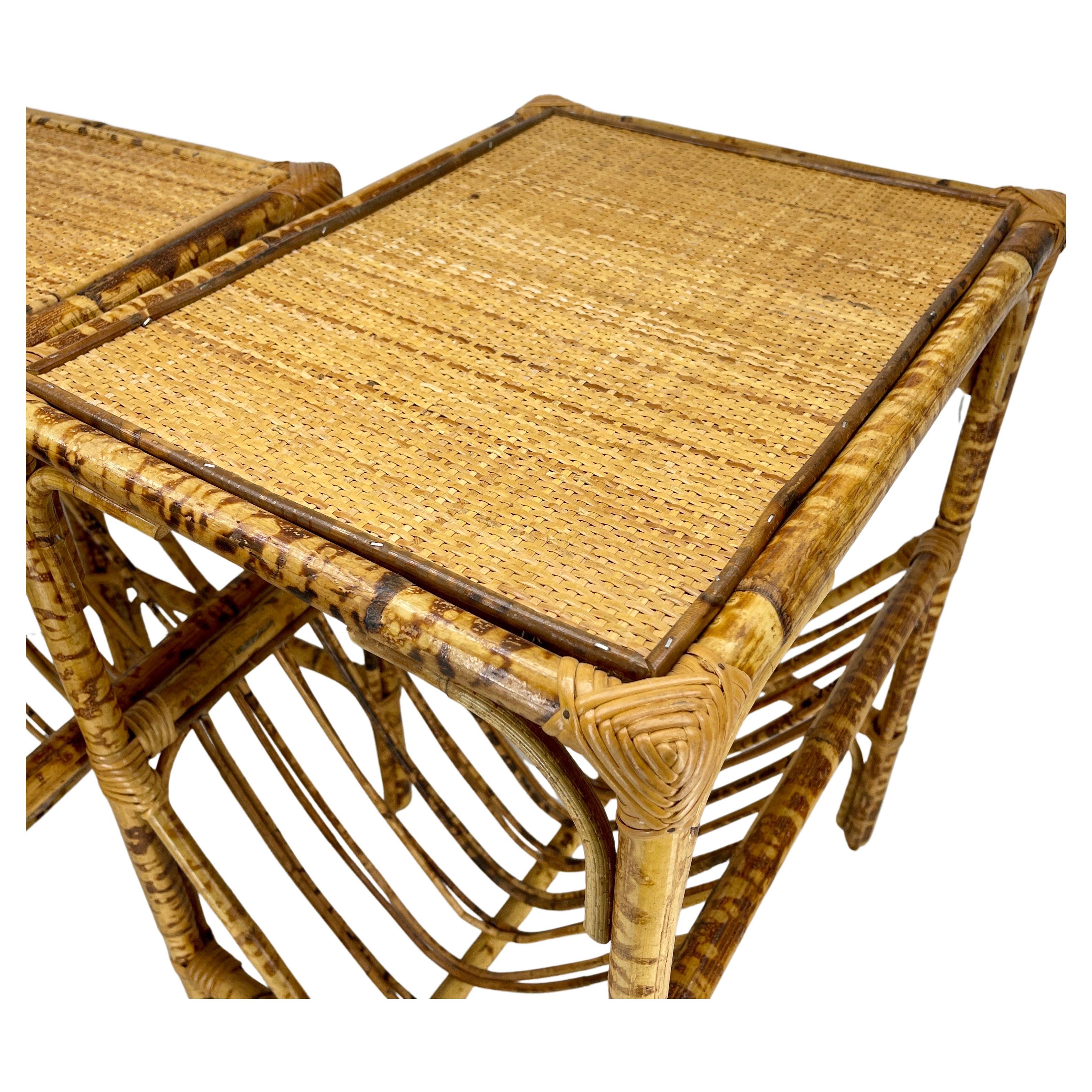Pair Burnt Bamboo Woven Top Magazine Side Accent Tables For Sale 4