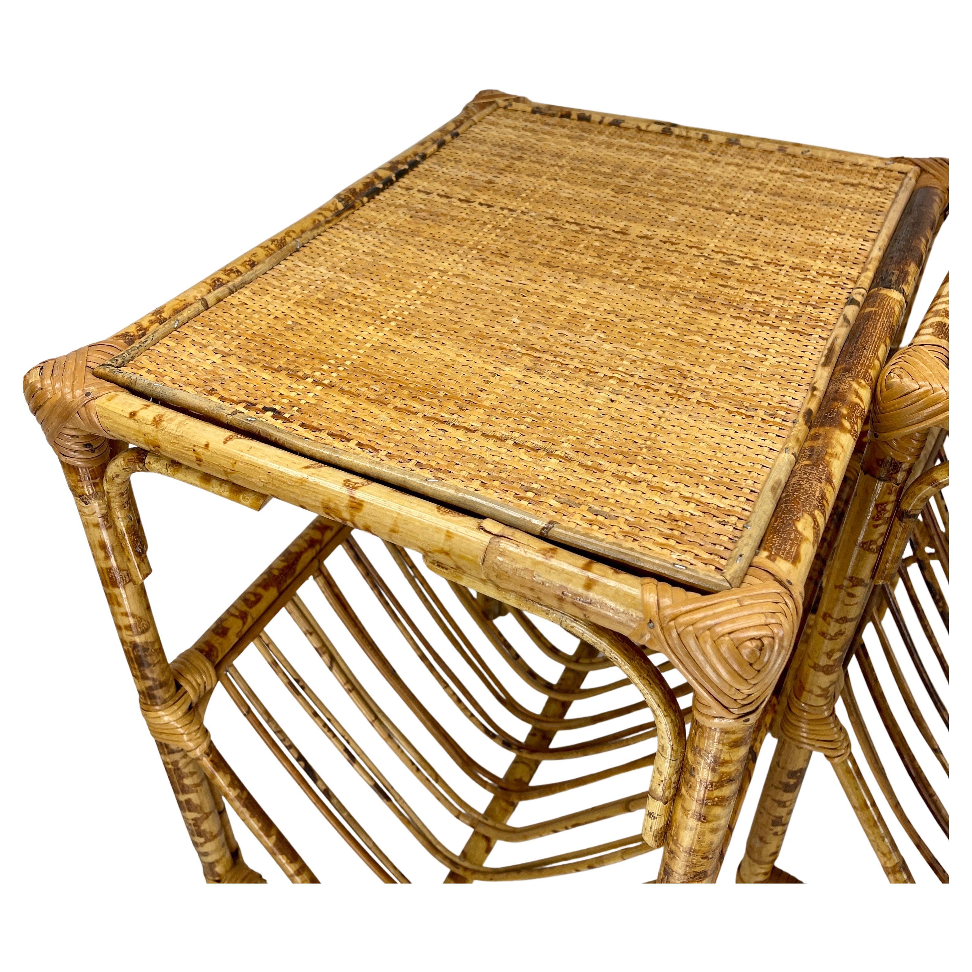 Pair Burnt Bamboo Woven Top Magazine Side Accent Tables For Sale 5