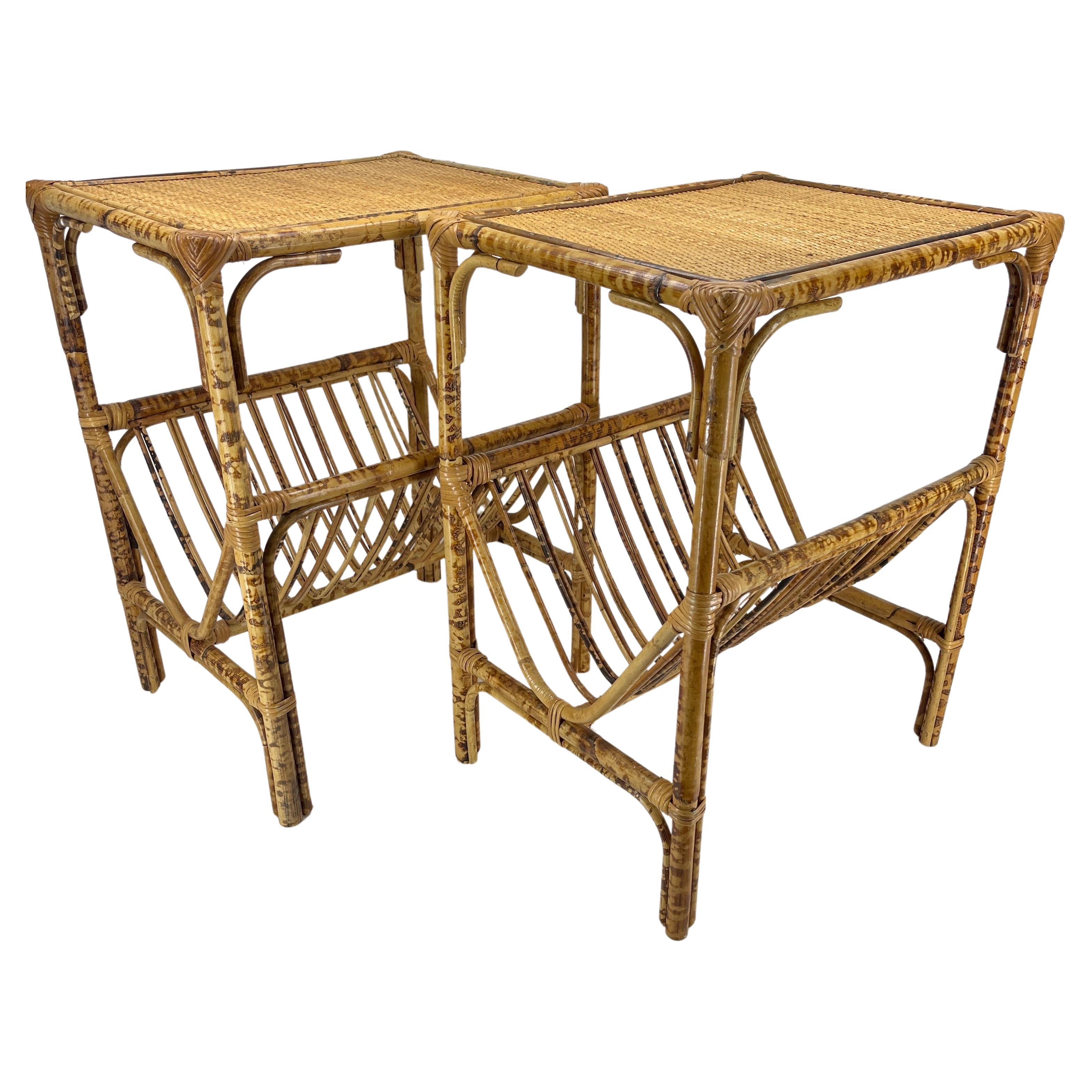 Burnt Bamboo Pair of Decorative Side End Magazine Tables

Classic rectangular side tables offering both form and function. Each woven top end table has two levels, enabling the ability to place objects on top as well as storing books, magazines or